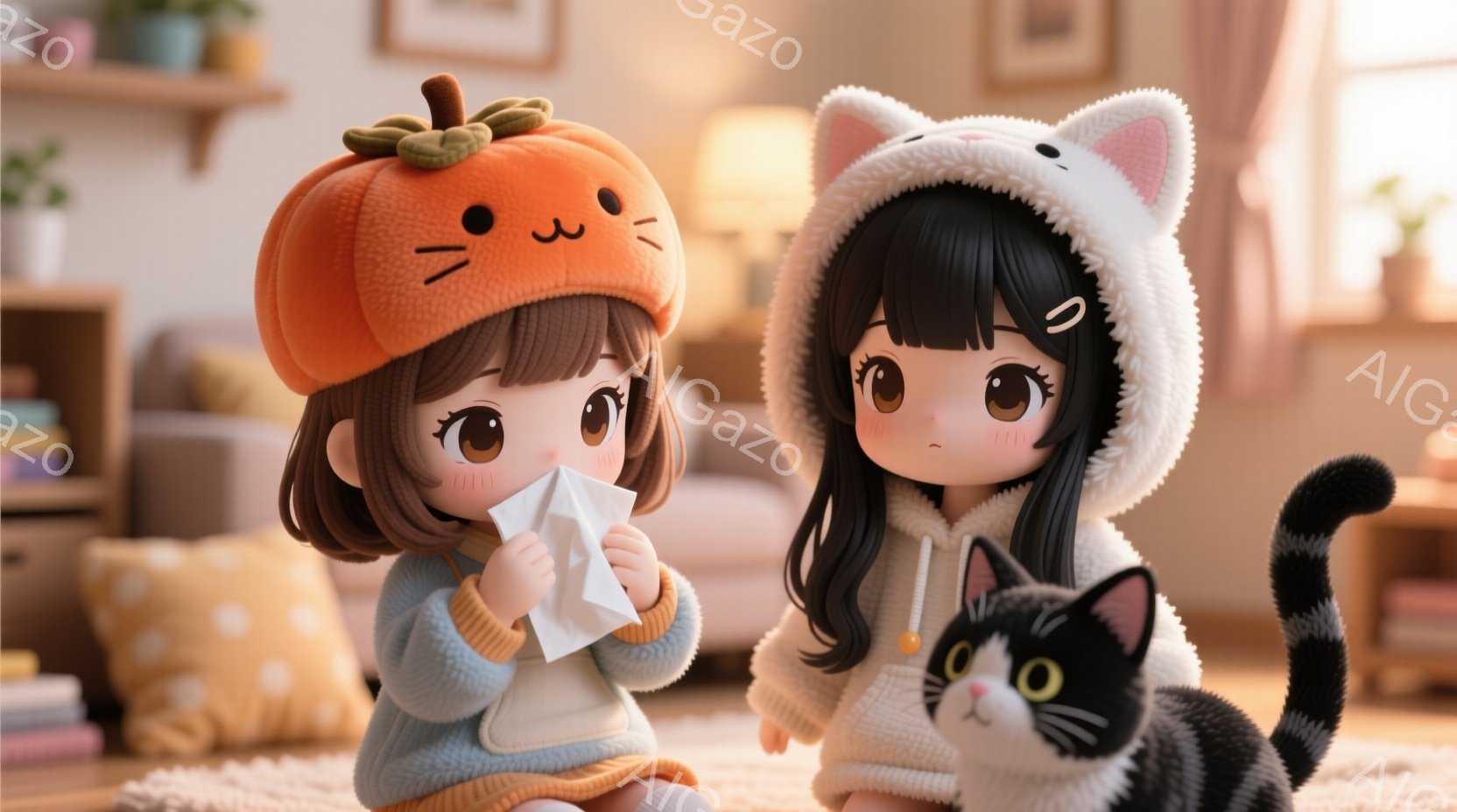 画像には、かわいいキャラクターが二人います。左側のキャラクターはオレンジ色の柿の帽子をかぶっており、右側のキャラクターは白い猫耳のフード付きのコートを着ています。二人とも大きな目と小さな口を持ち、表情はやや不機嫌そうです。背景には家具や植物があり、暖かい光が差し込んでいます。