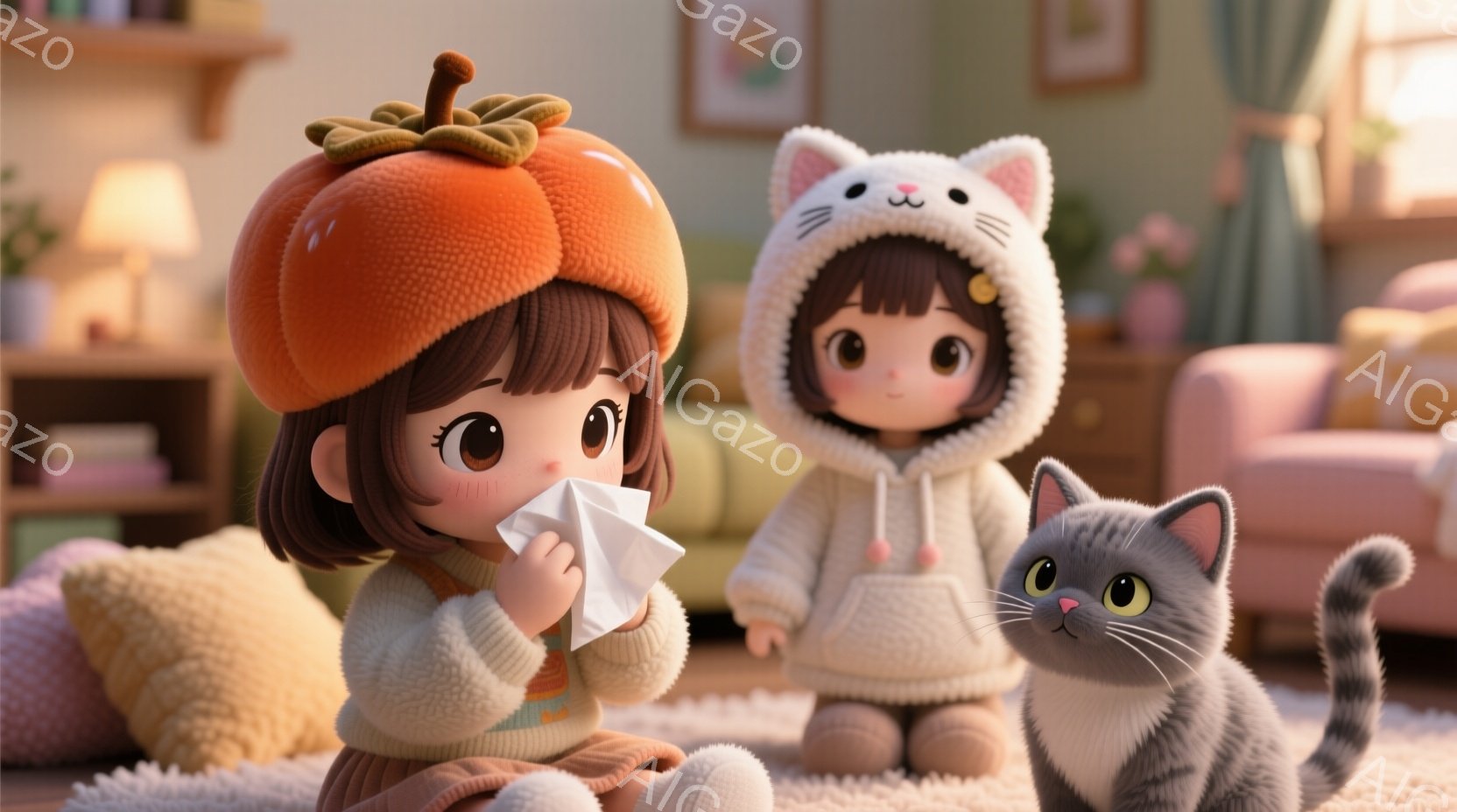 画像には、柿の帽子をかぶった少女と、猫のフードをかぶった少女、そして猫が描かれています。少女たちはリビングルームにいて、背景にはソファや棚、植物が見えます。少女たちは温かみのある表情をしており、猫も落ち着いた雰囲気です。
