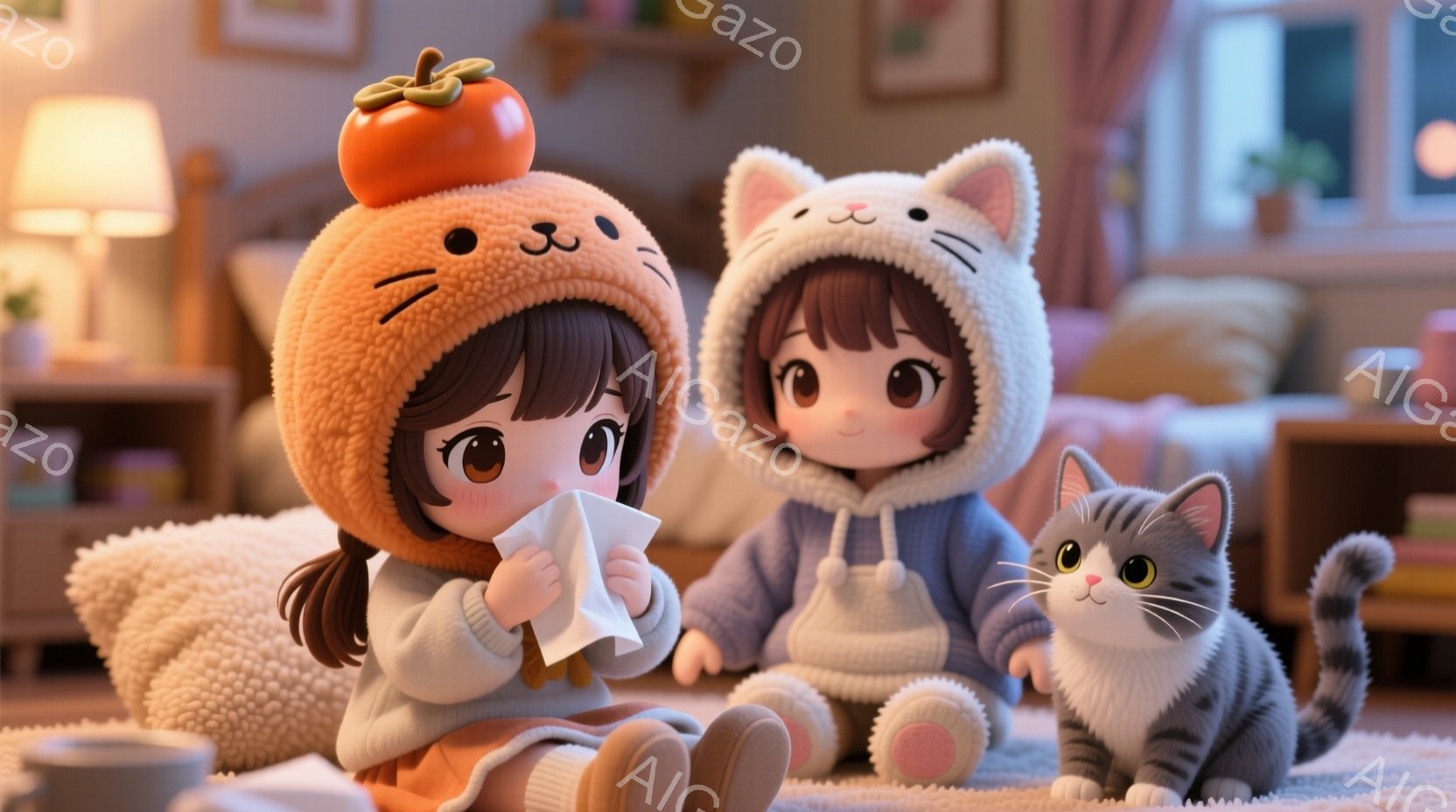 画像には、かわいいキャラクターたちが描かれています。左側のキャラクターはオレンジ色の帽子をかぶり、その上に柿の形をしたオレンジ色の飾りがついています。髪は茶色で、ポニーテールにしています。右側のキャラ - AI生成フリー素材