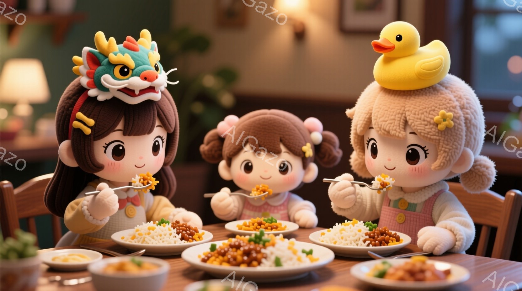 三つのキャラクターがテーブルで食事をしている様子が描かれています。左側のキャラクターは長い黒髪に赤いリボンをつけており、右側のキャラクターは丸みを帯びた毛並みで、黄色い花の飾りがついています。中央のキャラクターは丸みを帯びた毛並みで、黄色い花の飾りがついています。彼らはそれぞれの皿からご飯を食べており、幸せそうな表情をしています。背景には緑色の壁と植物があり、暖かい照明が部屋を照らしています。