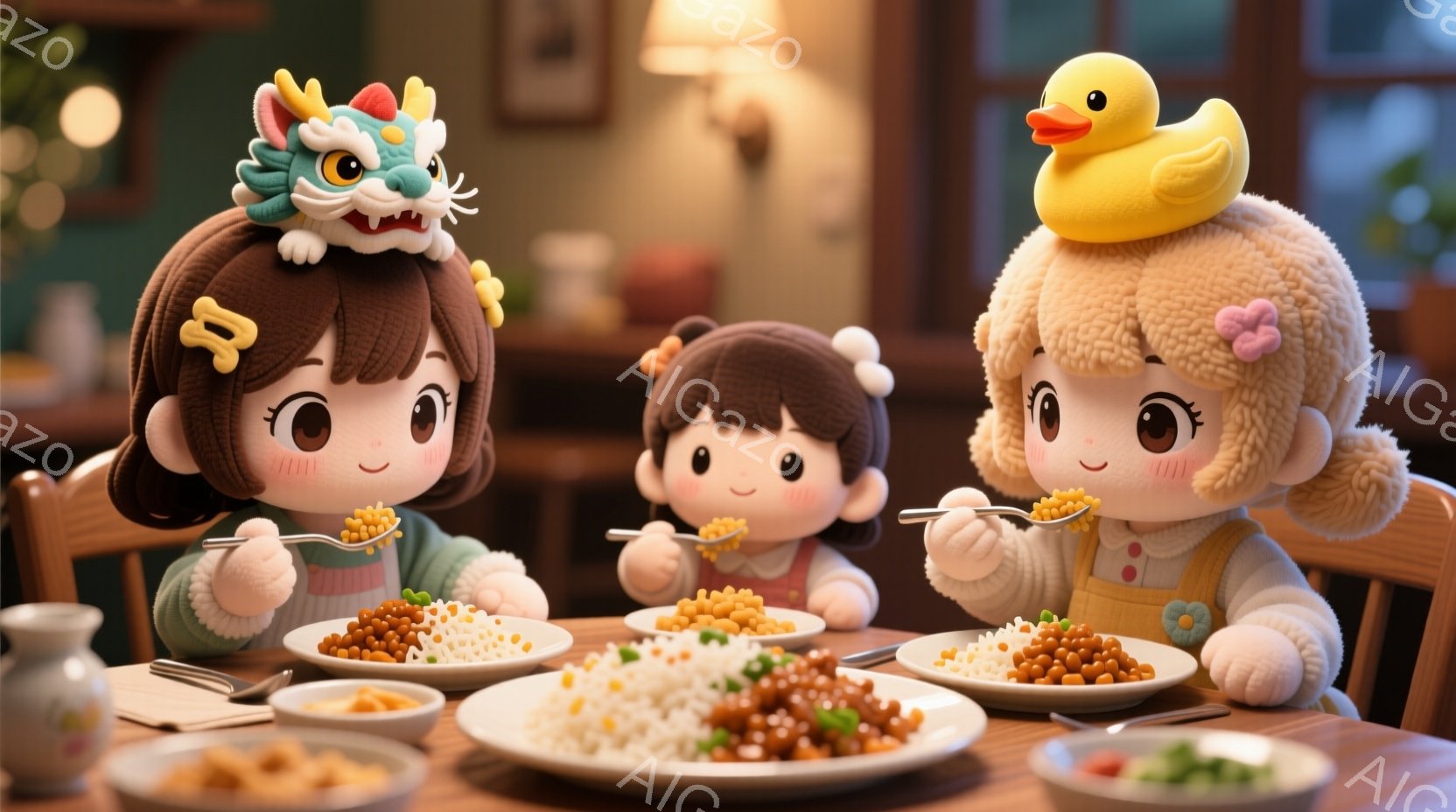 三つのキャラクターがテーブルで食事をしている様子が描かれています。左側のキャラクターは緑色の服を着ており、頭には青い龍の飾りをつけています。中央のキャラクターは茶色の服を着ており、右側のキャラクターは白い服を着て、頭にはピンクのリボンがついています。彼らはそれぞれの皿から食べ物を食べています。背景には暖かい照明と植物が見え、居心地の良い雰囲気を醸し出しています。