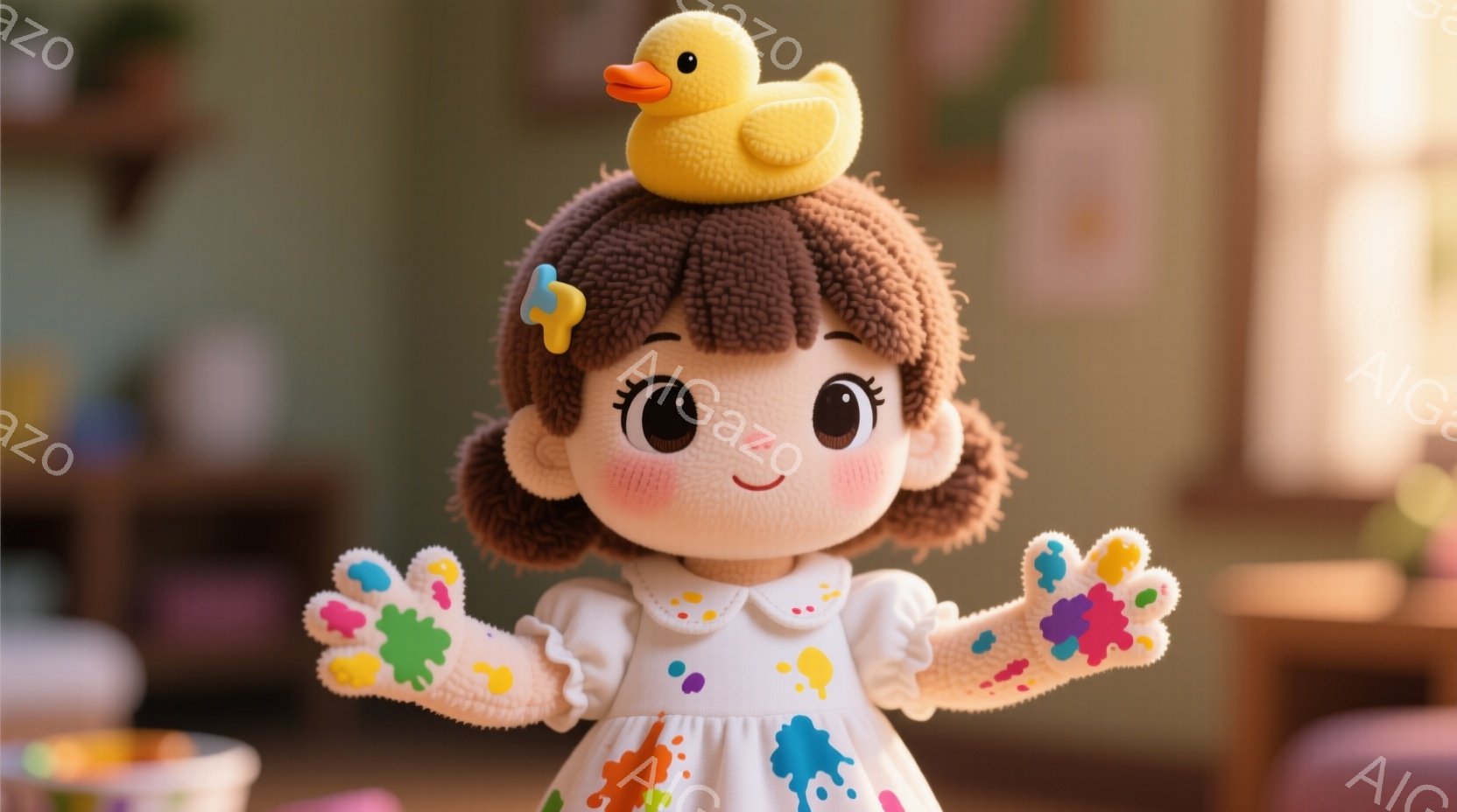 画像には、かわいい人形が描かれています。人形は茶色の髪を二つ編みにし、頭の上に黄色いカエルのぬいぐるみを載せています。人形の目は大きく、頬には赤みがついており、元気な表情をしています。人形は白いワンピースを着ており、袖には色とりどりの絵具の跡があります。背景はぼやけており、室内の様子が伺えます。