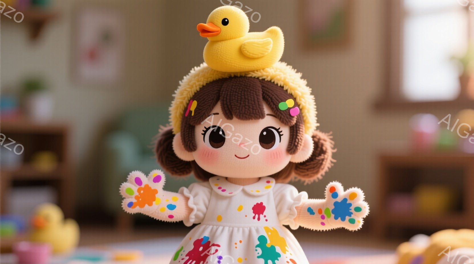 かわいい人形が中心に描かれています。人形は黄色い帽子をかぶり、その上に黄色いカエルが乗っています。人形の髪は茶色で、ツインテールにまとめられています。人形の顔には大きな目と赤い頬があり、元気な表情をしています。人形の服は白で、袖口と襟には色とりどりの絵具の模様があります。