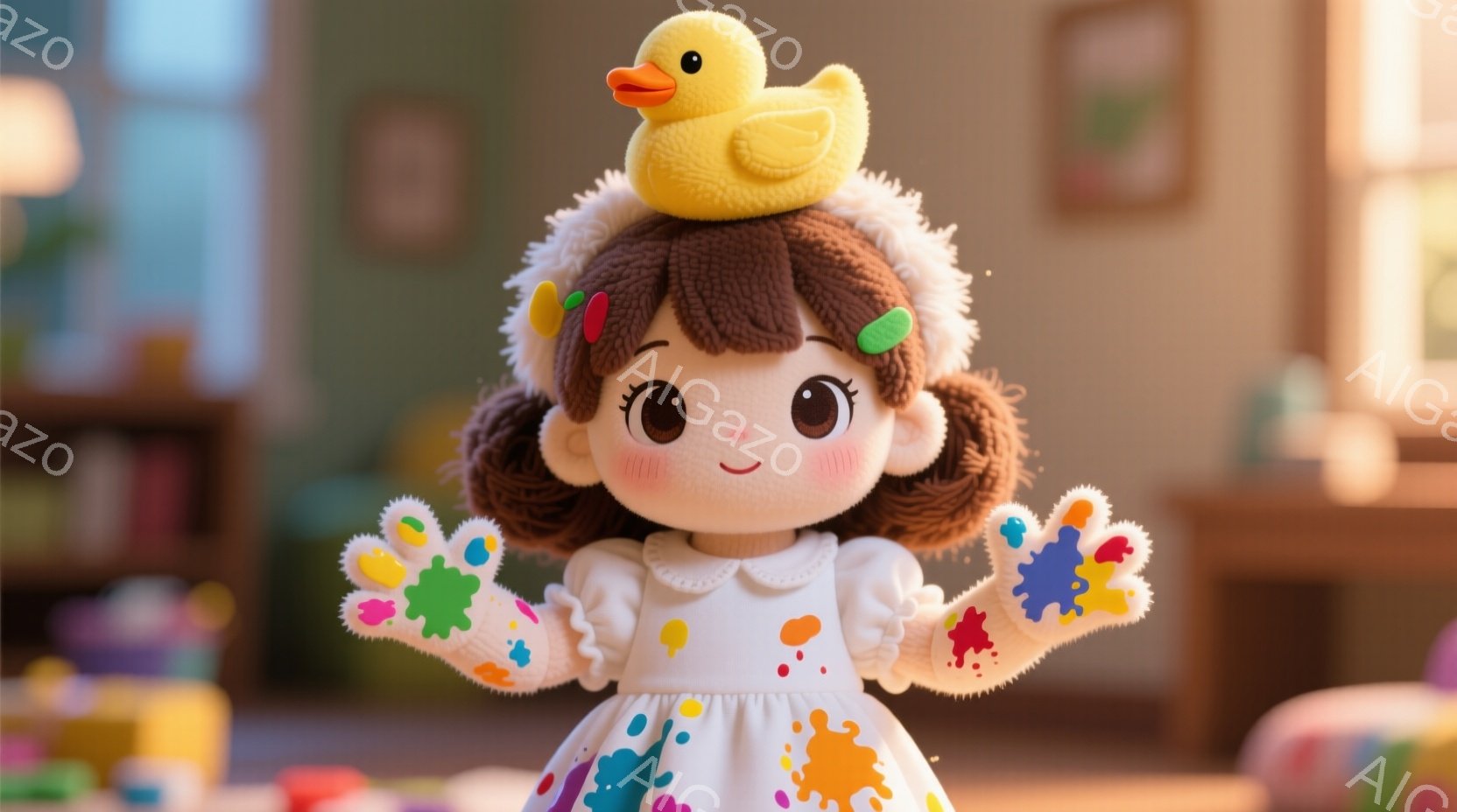 画像には、かわいい人形が描かれています。人形は白いフリルのドレスを着ており、袖には色とりどりの絵具の模様があります。髪は茶色で、ツインテールのスタイルで、頭の上には黄色いカエルのぬいぐるみが乗っています。背景には部屋の一部がぼんやりと見え、窓から自然光が差し込んでいます。