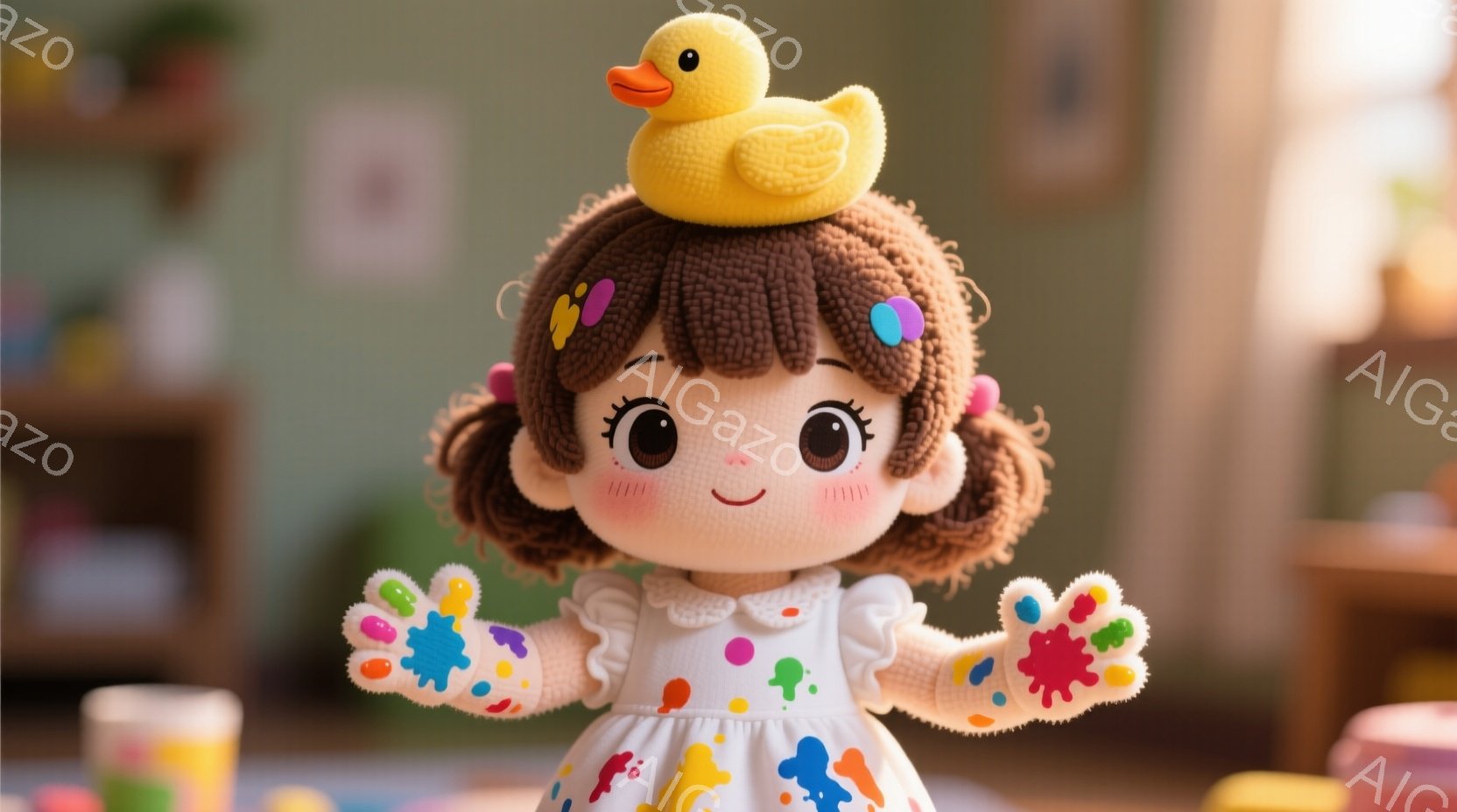 かわいい人形が中心に描かれています。人形は茶色の髪を二つ編みにし、頭の上に黄色いラバーダックが乗っています。人形の顔には大きな目と笑顔があり、頬には頬杖があります。人形の手には色とりどりの絵具がついており、白いワンピースに色とりどりの絵具が散りばめられています。背景はぼやけており、部屋の一部が見えます。