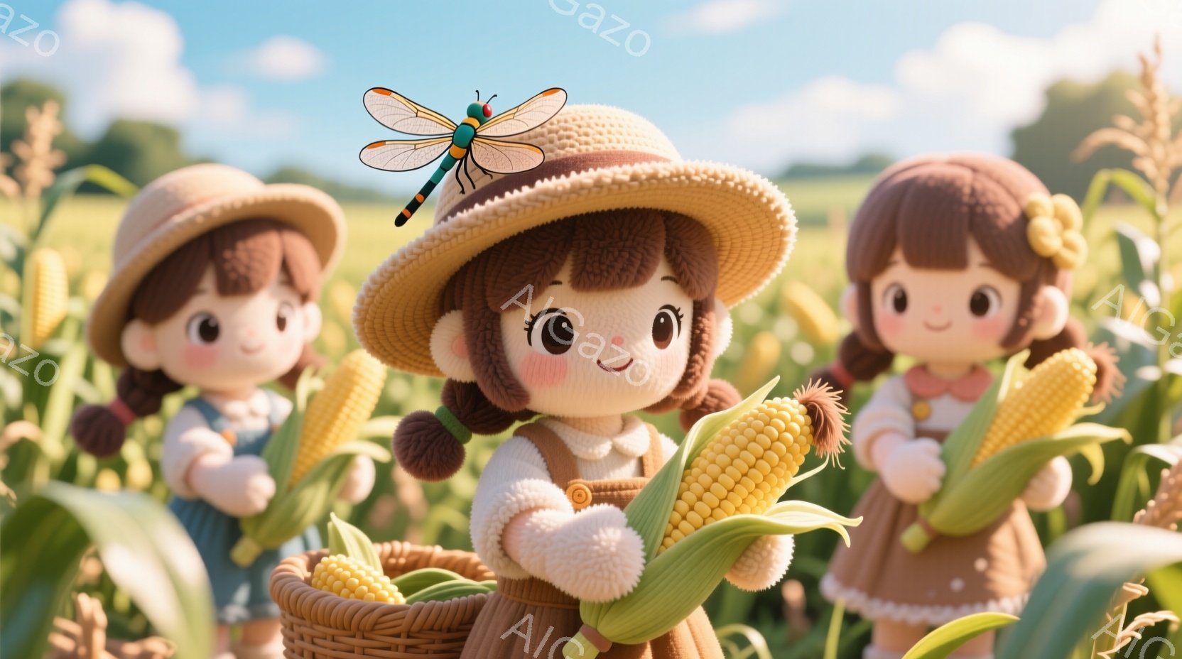 田んぼで作業する3人の小さな女の子が描かれています。彼女たちは麦わら帽子をかぶっており、かわいらしい表情をしています。一人は黄色い帽子をかぶっており、もう一人は青い帽子をかぶっています。三人ともかわいらしい服装をしており、手にはコーンを持っています。背景には青空と緑豊かな田んぼが広がっています。