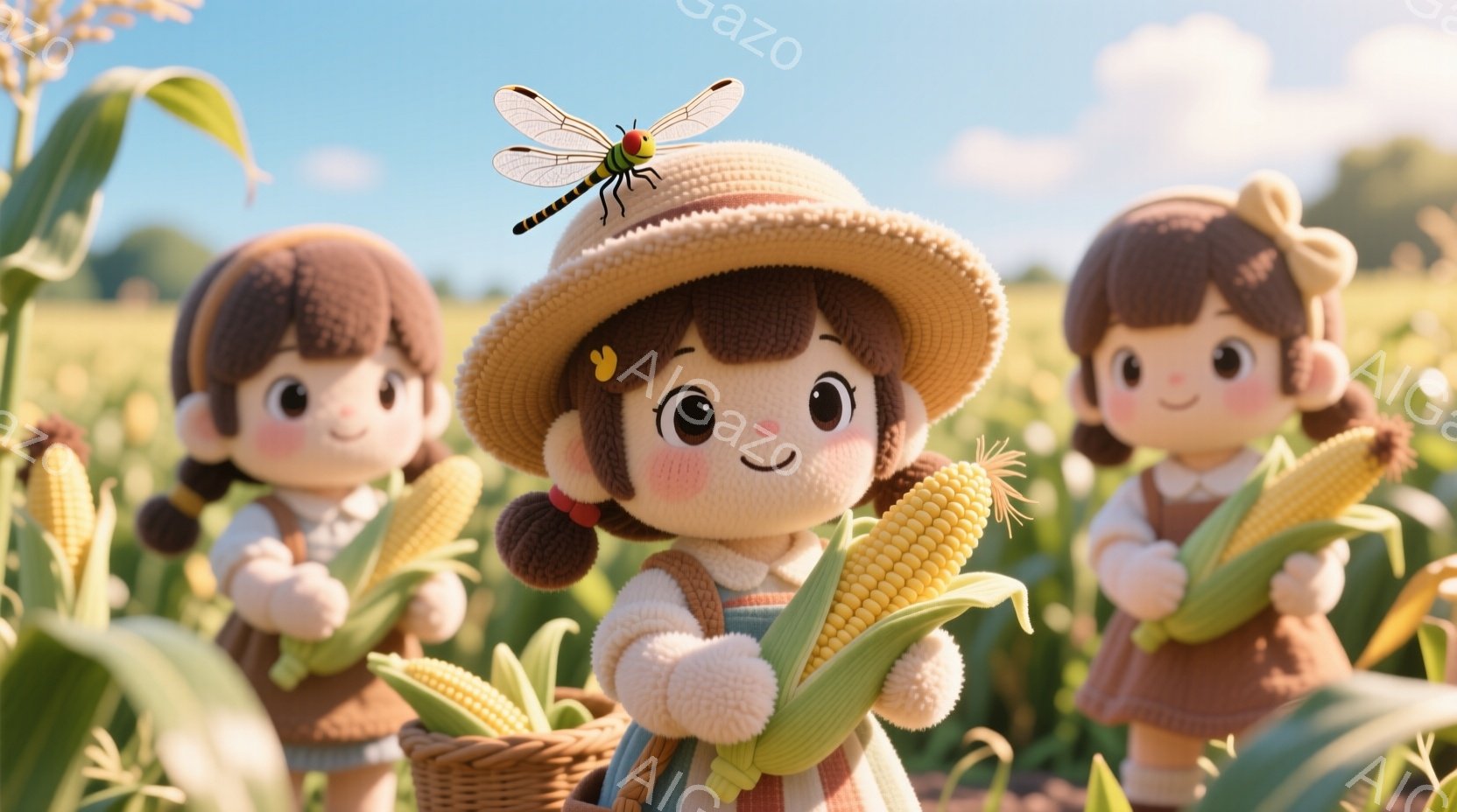 田んぼで作業する3人の小さなキャラクターが描かれています。中央のキャラクターは麦わら帽子をかぶり、大きな目と頬杖をしています。彼女の髪は茶色で、ポニーテールにまとめられています。左側のキャラクターは同じく麦わら帽子をかぶっており、右側のキャラクターも同様です。背景には青空と緑豊かな田んぼが広がり、穏やかな雰囲気を醸し出しています。