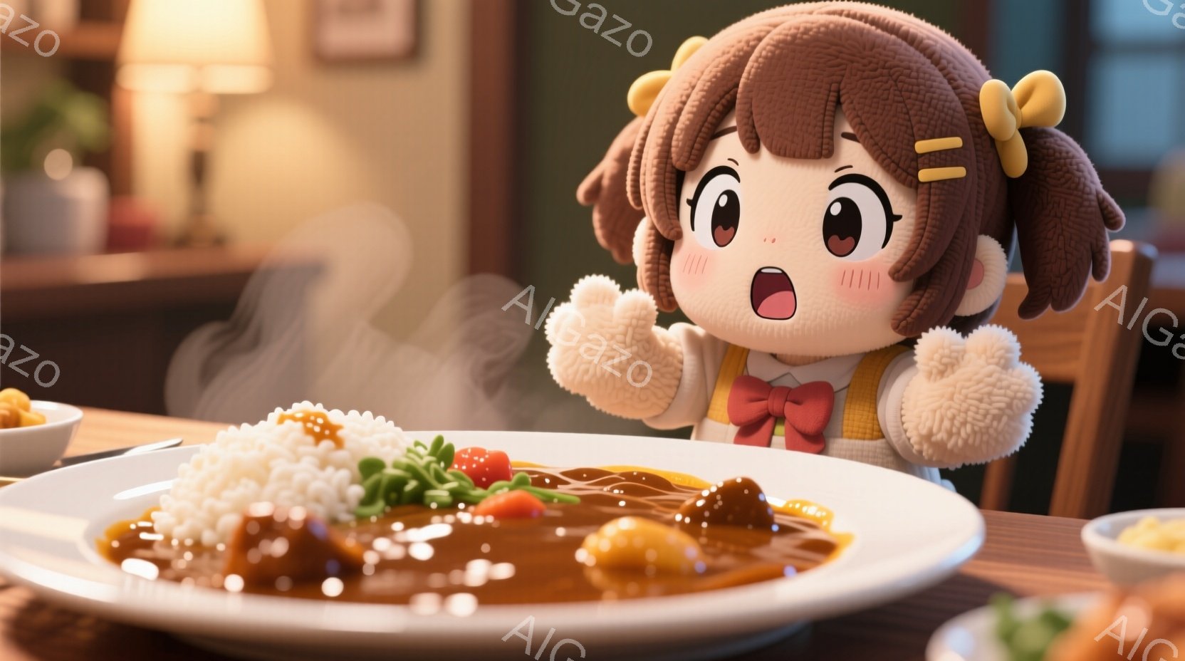可愛らしい少女が、湯気を立てるカレーライスを前に驚いた表情で立っている。彼女は茶色の巻き毛に黄色いリボン、黄色のベストと赤いリボンを結んだブラウスを着ている。背景には、木製のテーブル、他の料理、そして少しぼやけたリビングルームの様子が見え、温かく家庭的な雰囲気を醸し出している。