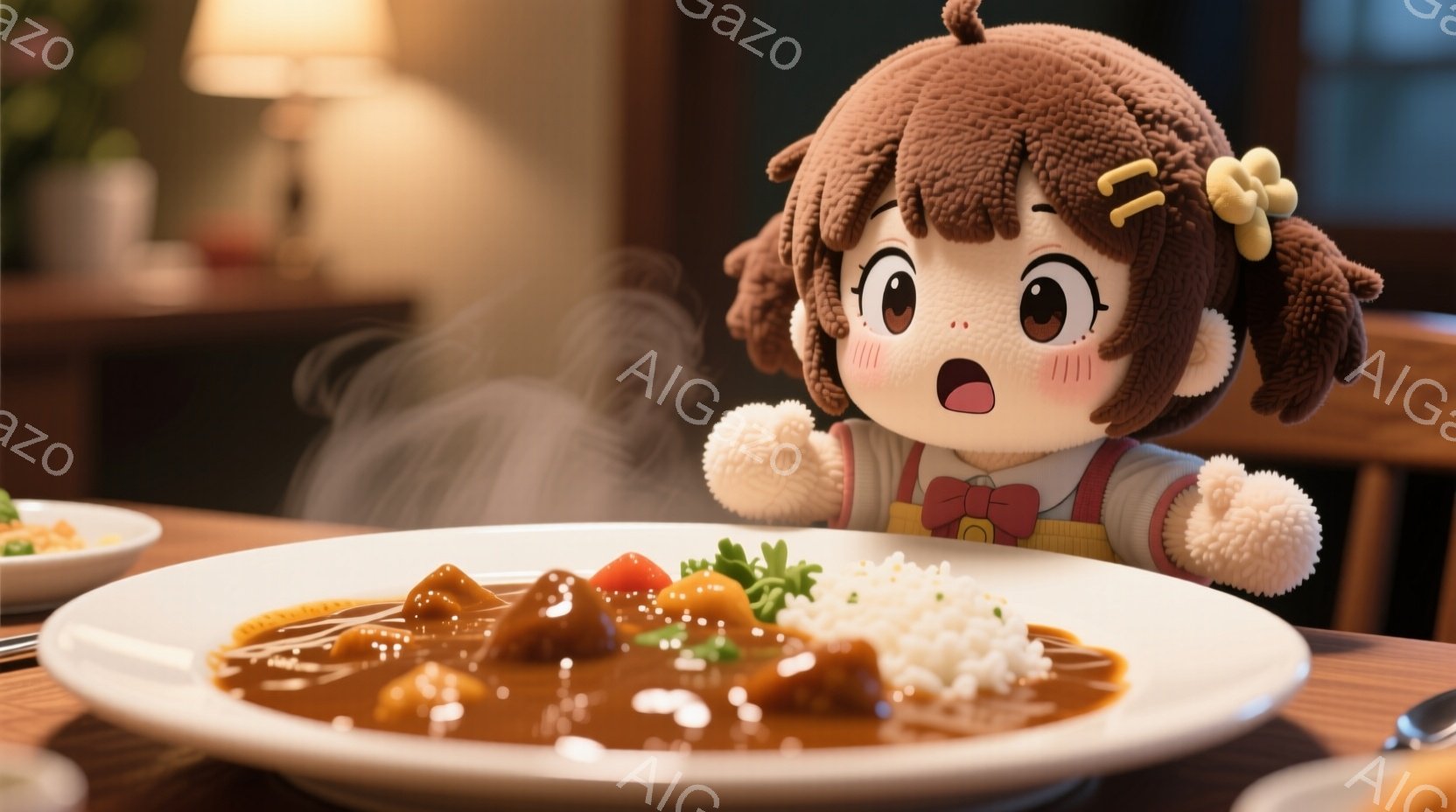 縮れた茶色の髪に赤いリボンをつけた、つぶらな瞳の女の子のぬいぐるみです。驚いた表情で、カレーライスが盛られた大きな皿の横に両手を広げて立っています。背景には木製のテーブル、別の皿、ぼんやりとした光が見え、暖かく親しみやすい雰囲気が漂っています。