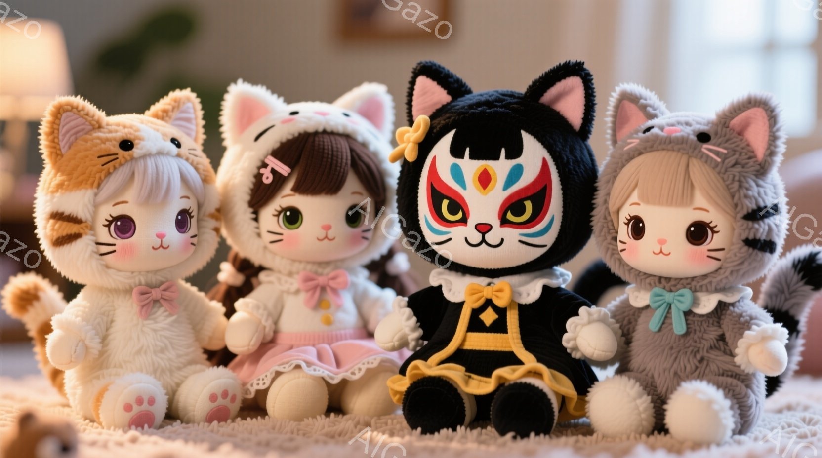 ぬいぐるみ４体が並んで座っており、それぞれ異なる衣装を着ています。茶色のぬいぐるみはパイロット風、ピンクのぬいぐるみはフリルがついたドレス、黒のぬいぐるみは能の面を模した衣装、灰色のぬいぐるみはフード付きのコートを着ています。背景はぼやけており、暖色系の照明が柔らかい雰囲気を醸し出しています。