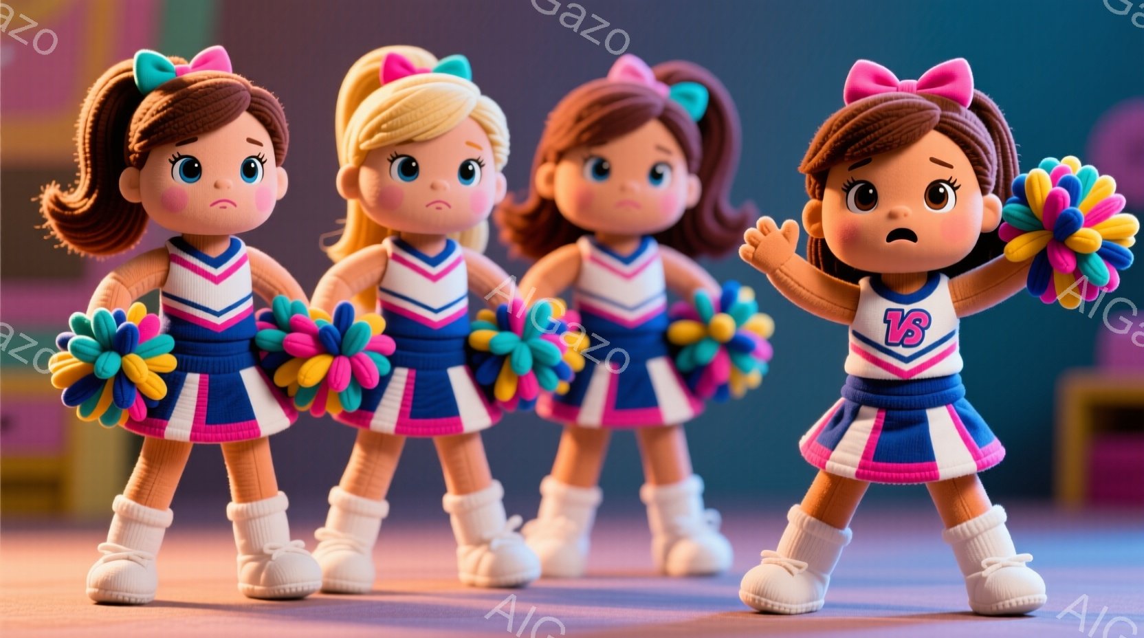 この画像には、ポンポンを持って整列している4人の女性のフィギュアが写っています。彼女たちはそれぞれ青とピンクのチアリーダーの制服を着ており、髪は高く結ばれ、頭にリボンをつけています。背景はわずかにぼやけており、ピンクと青の光が当たっています。