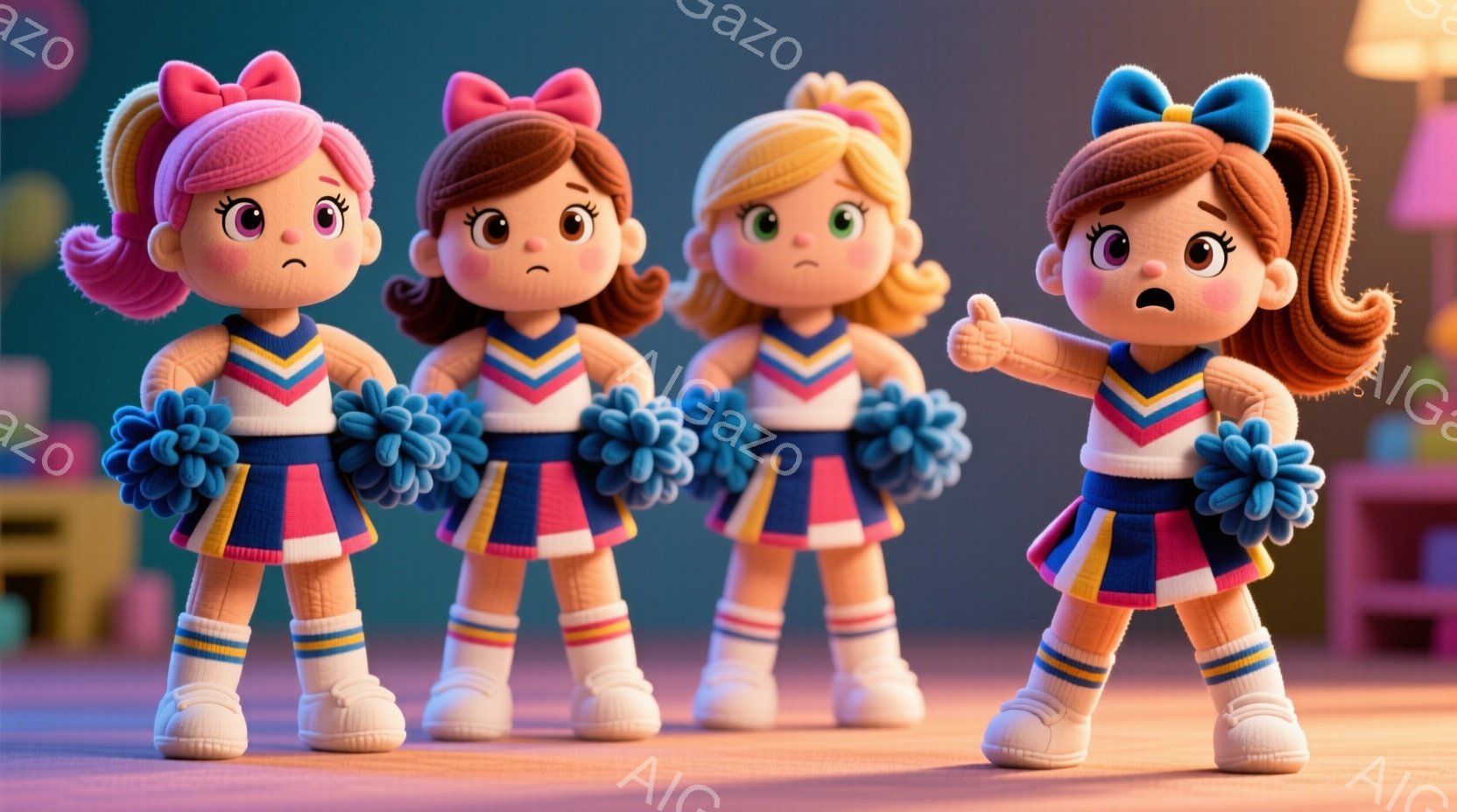画像には、ポンポンを持って整列した4人の若い女性のキャラクターが描かれています。彼女たちは皆、ピンクと黄色のヘアリボン、白いショートトップス、プリーツのスカート、ストライプの靴下とスニーカーを身に着けています。彼女たちは決意に満ちた表情で、ポンポンを振りかざし、背景にはぼやけた室内環境が見えます。