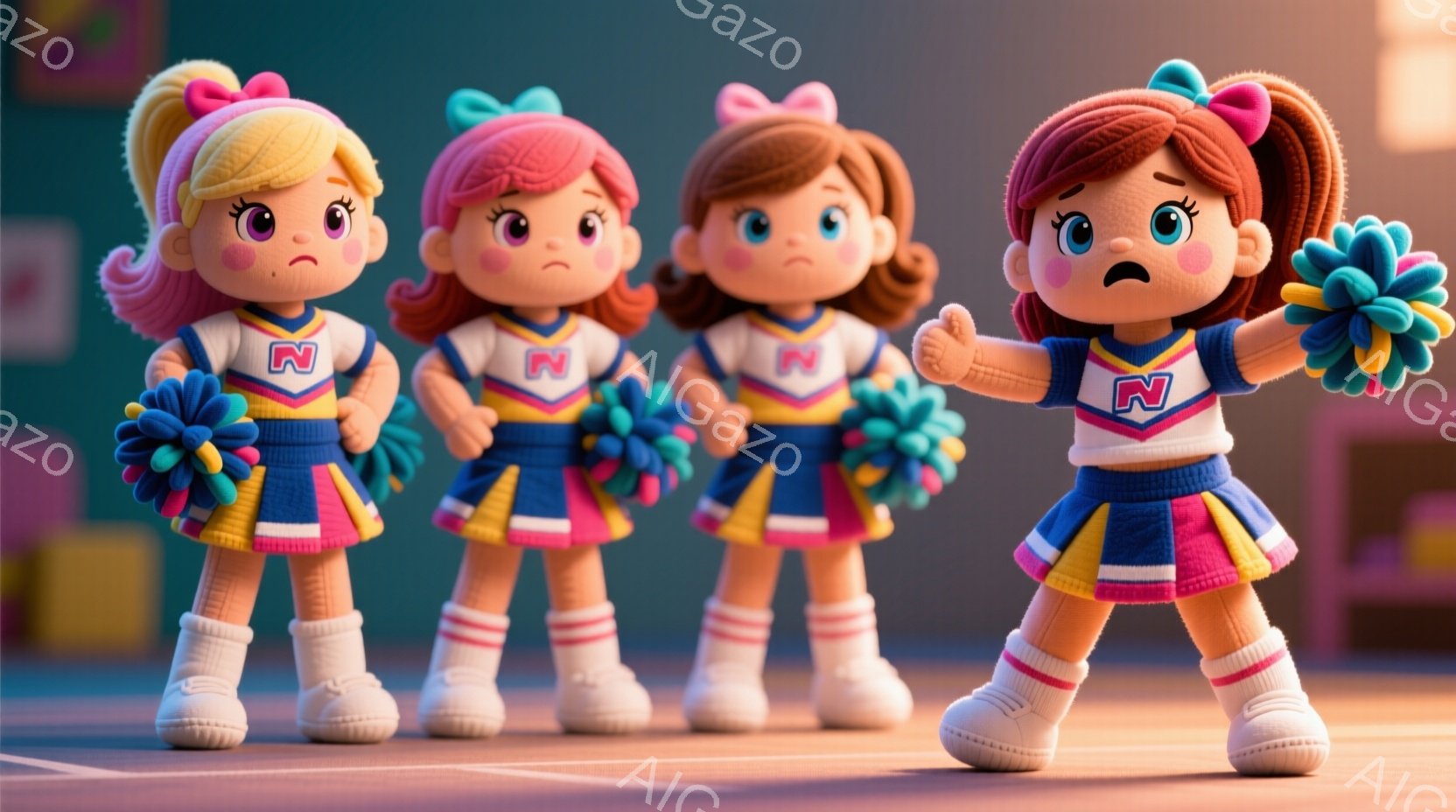 画像には、ポンポンを持った4人の若い女性チアリーダーが写っています。彼女たちは青、黄色、白のチアリーダーユニフォームを着ており、それぞれ髪の色が異なり、明るい色のカールヘアです。彼女たちは整列しており、一番手前の女性はポンポンを高く掲げ、他の3人は姿勢良く立っています。