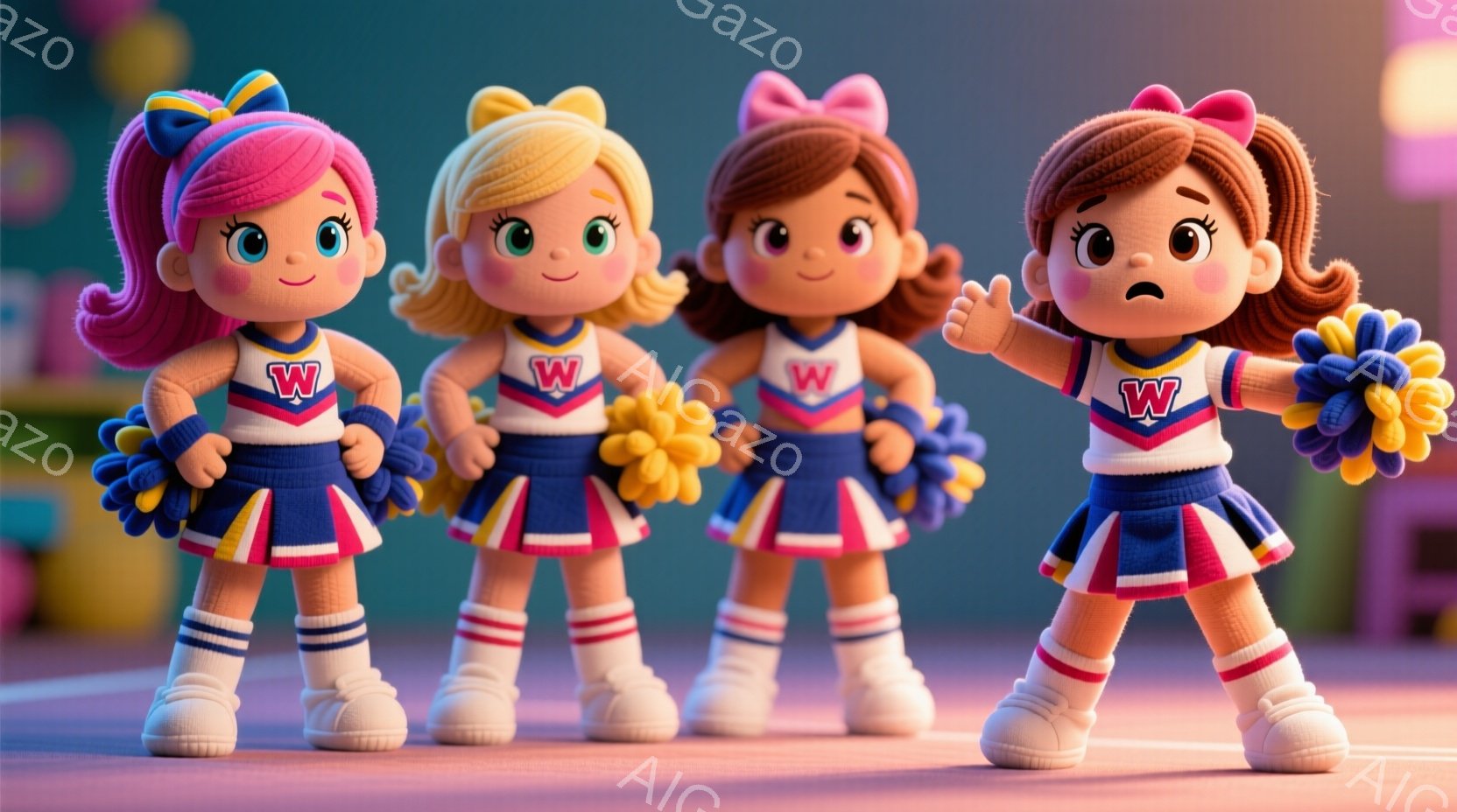 画像には、ポンポンを持った4人の若い女性チアリーダーが写っています。彼女たちは全員、青と赤のストライプのスカート、白いトップスに大きな白い「W」のロゴ、そして白いスニーカーを履いています。彼女たちはそれぞれ異なる色の髪型をしており、楽しそうな表情で、一人が前に出てポンポンを振っています。