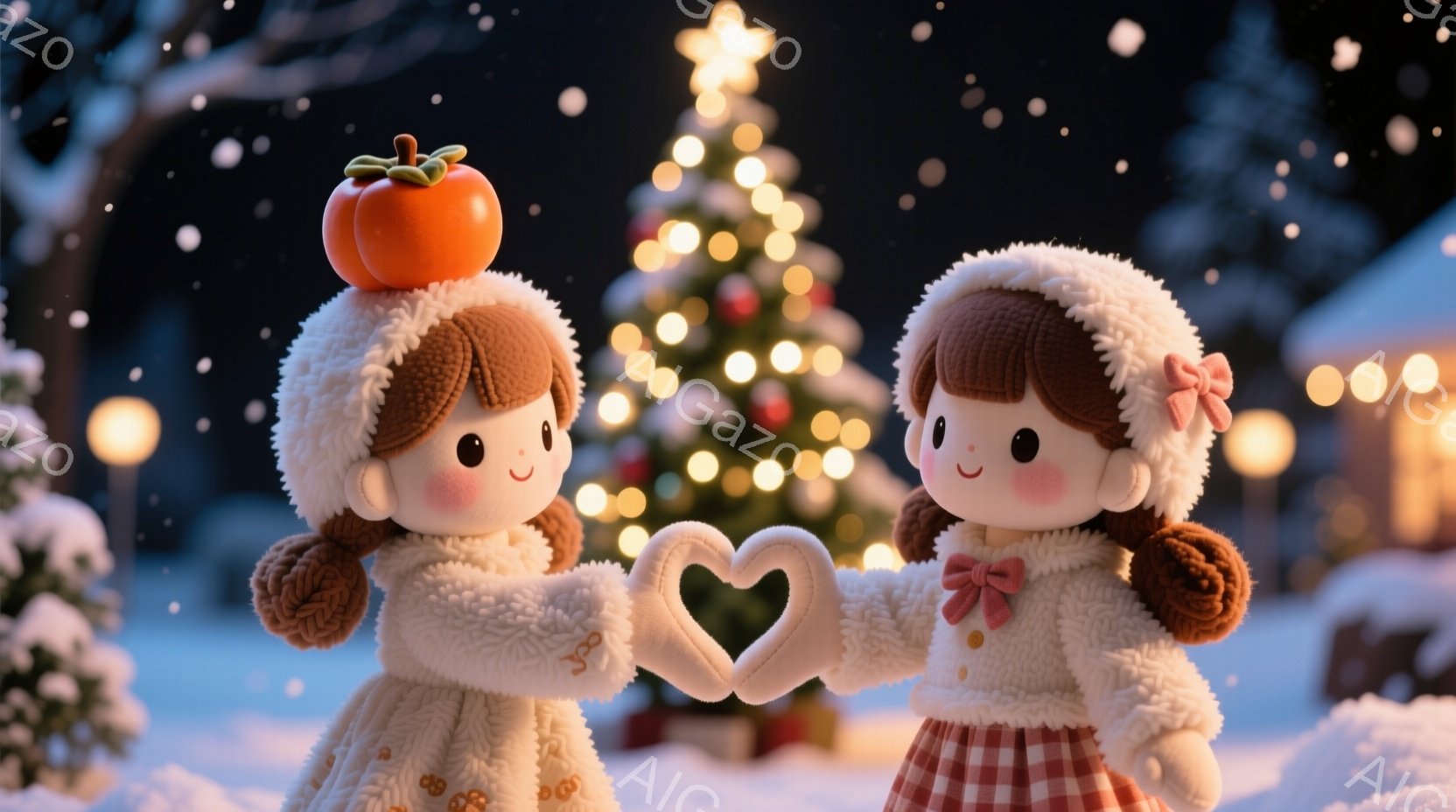 雪が降る夜、ふたりの女の子が寄り添い、互いの手を繋げてハートの形を作っています。女の子たちは、ふわふわのセーターと帽子を身に着け、赤色のリボンで髪を結んでいます。背景には、光り輝くクリスマスツリーや暖かな光を灯した家々が見え、冬の温かい雰囲気を感じさせます。