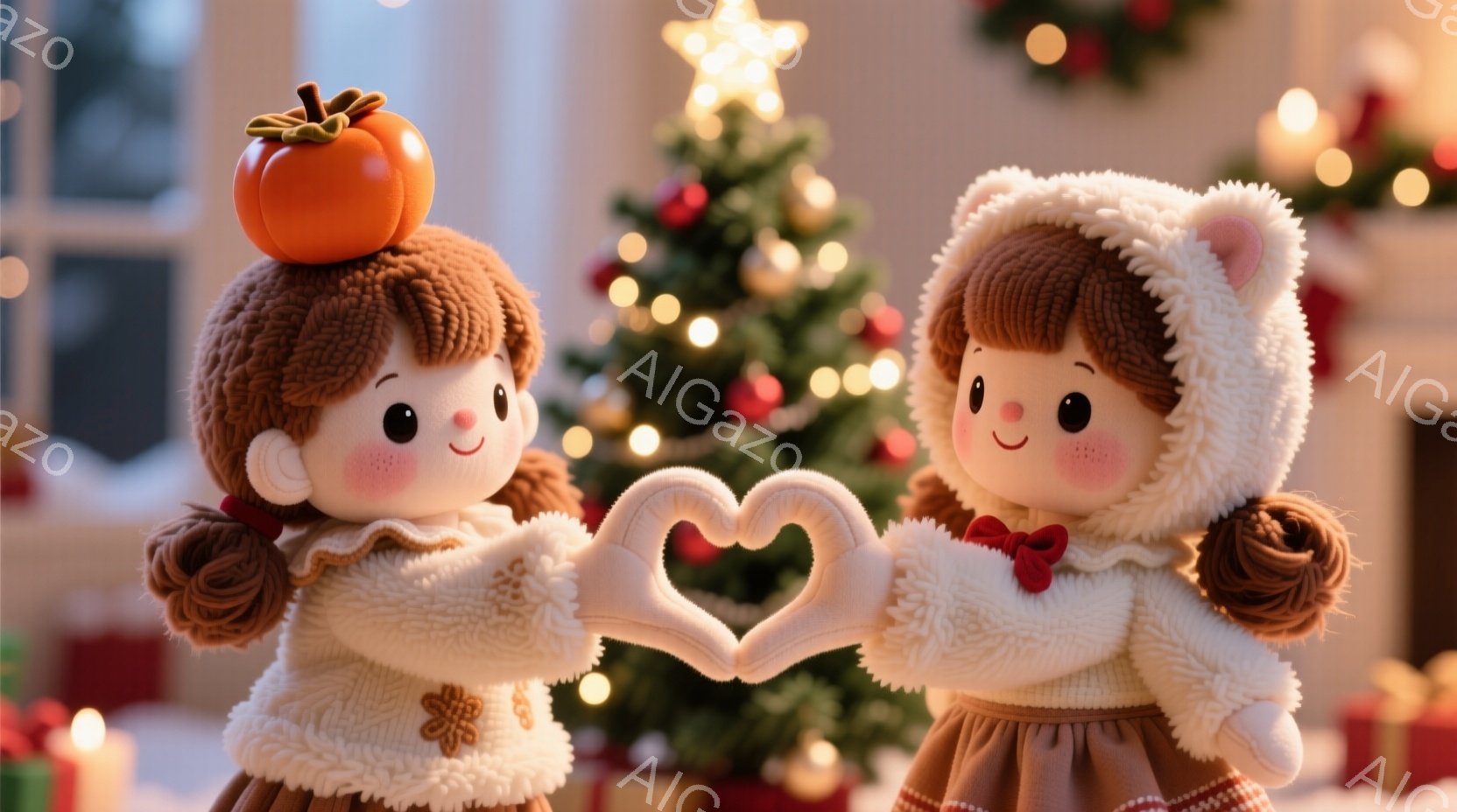 2人の女の子がクリスマスの背景の前でハートの形を作っています。彼女たちは茶色の巻き毛の髪をしており、片方の頭にはカボチャが乗っています。温かみのある表情で、白いフリル付きの茶色のコートを着ています。