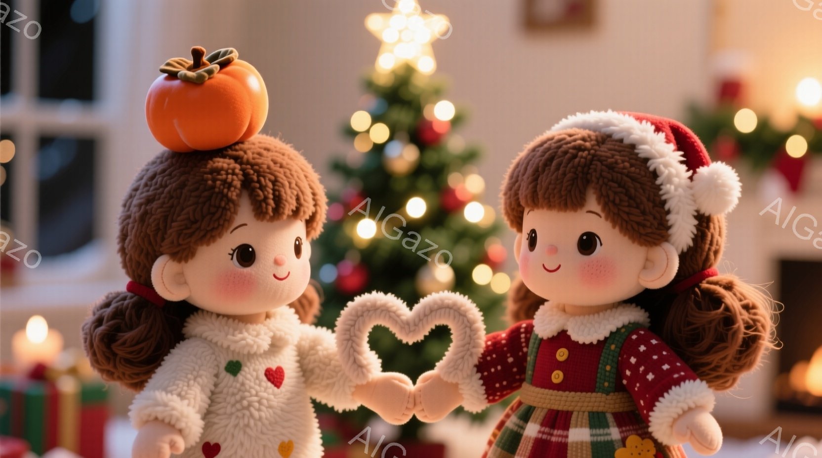 ふわふわの髪型に赤いリボンをつけた2人の女の子が、ハート型のポーズをとっています。片方の女の子は頭に柿を乗せ、もう片方の女の子は赤いチェックのコートを着ています。背景にはクリスマスツリーやプレゼントがあり、暖かく優しいクリスマスの雰囲気が漂っています。