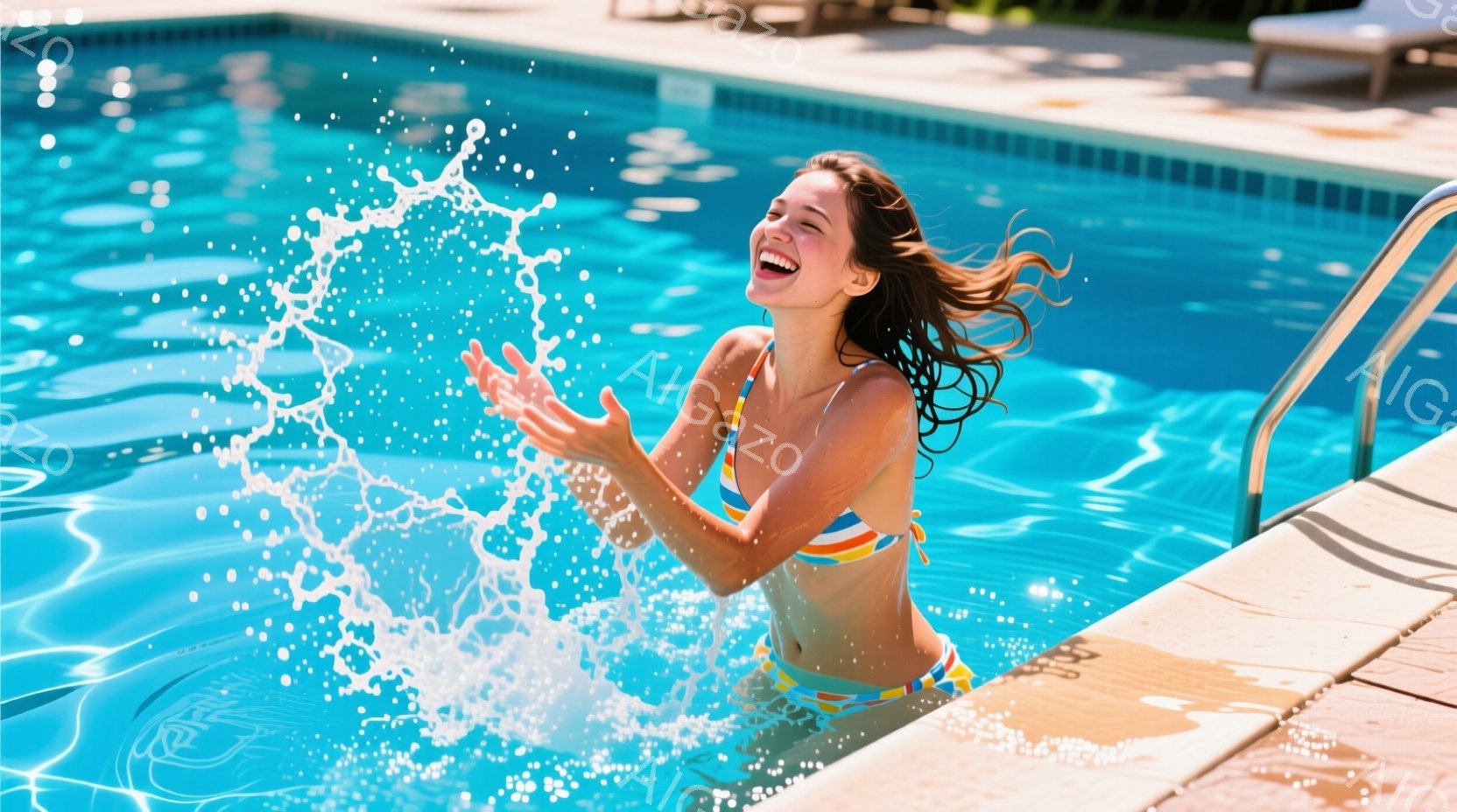 水色のプールサイドで、日焼けした女性が水しぶきを上げて楽しそうに笑っています。彼女は、オレンジと白のストライプのビキニを着ており、濡れた髪は肩にかかっています。背景には晴れた空と、わずかに見えるプール - AI生成フリー素材