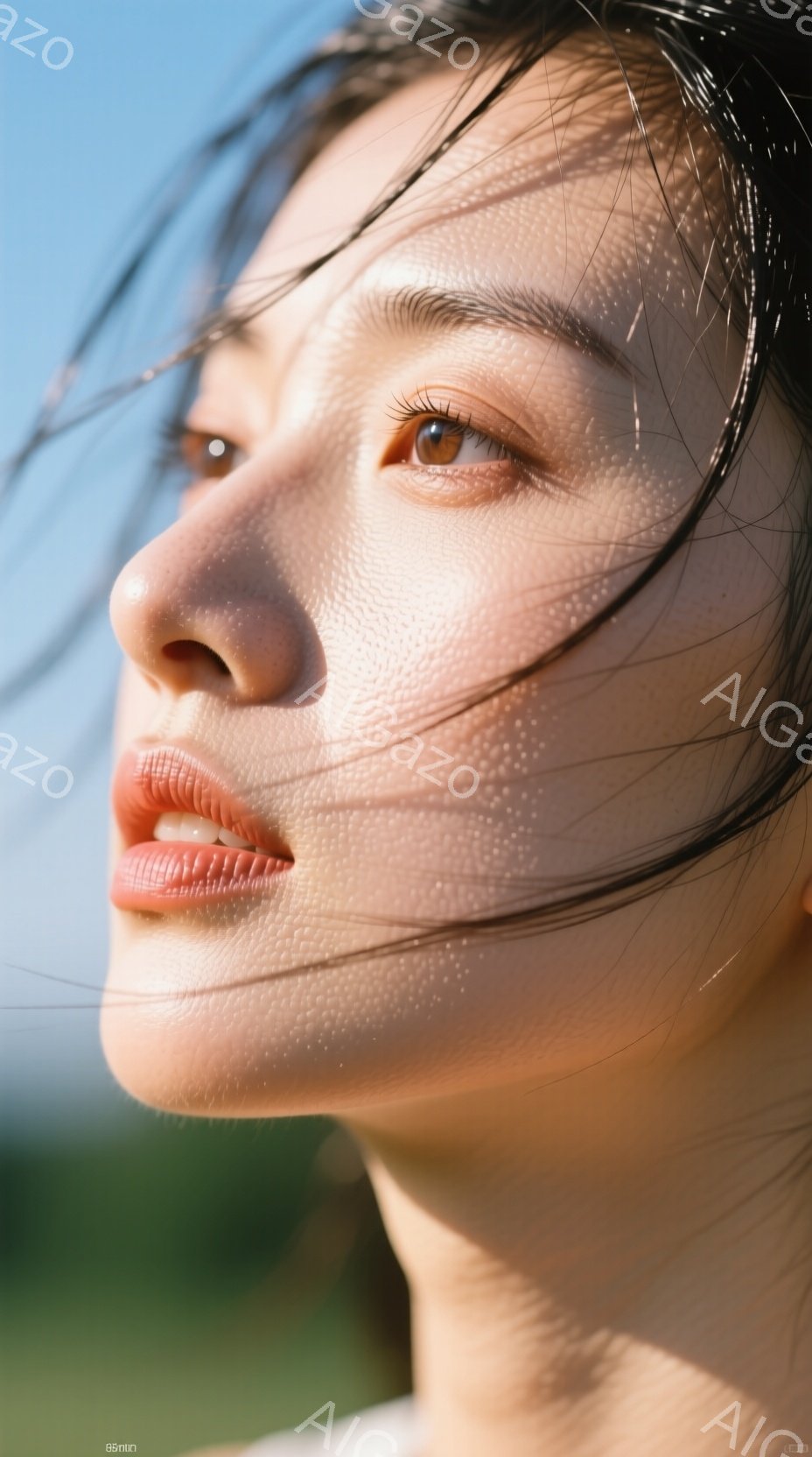 柔らかい光の中で、アジア系の女性が横顔を見せている。彼女は髪を後ろに撫でつけ、穏やかな表情で遠くを見つめている。背景には緑色のぼやけた自然が広がり、明るく希望に満ちた雰囲気を醸し出している。