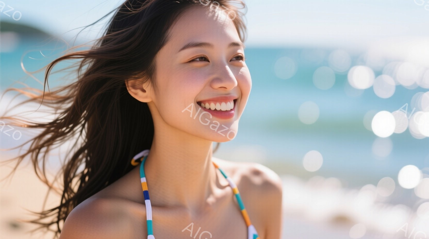 長い黒髪が風になびき、白い肌の女性がビーチで微笑んでいます。彼女はストライプのビキニを着ており、目は輝き、リラックスした表情をしています。背景には青い海と太陽の光が反射しており、明るく爽やかな夏の雰囲 - AI生成フリー素材