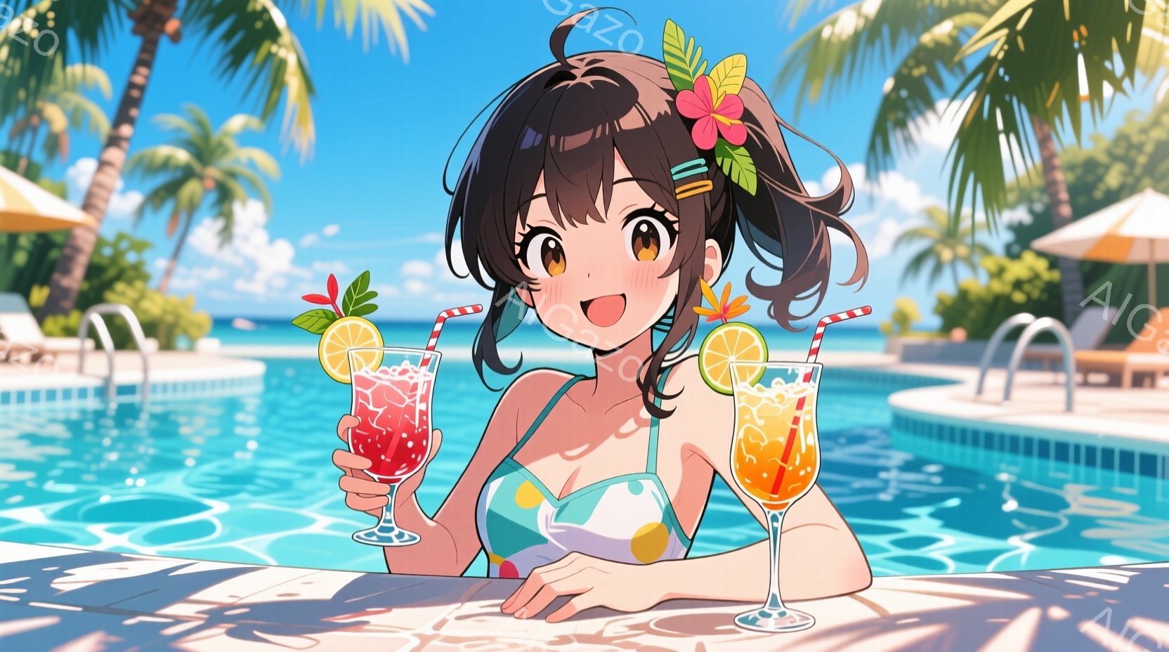 少女は水着の上にカラフルな模様のトップスを着ており、髪は肩まで伸びた黒髪で、頭には花飾りをつけています。彼女はプールサイドに立ち、片手に赤いカクテル、もう片手にオレンジ色のカクテルを持って笑顔でこちら - AI生成フリー素材