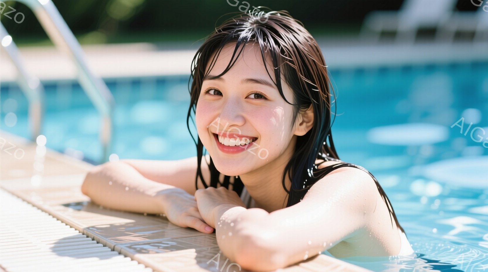鮮やかな水色のプールサイドで、若い女性が笑顔でこちらを見ている。濡れた髪は肩にかかり、白い肌に水滴が光る。背景にはプールの水面と、ぼやけた緑の木々が見え、明るく爽やかな夏の雰囲気が漂っている。