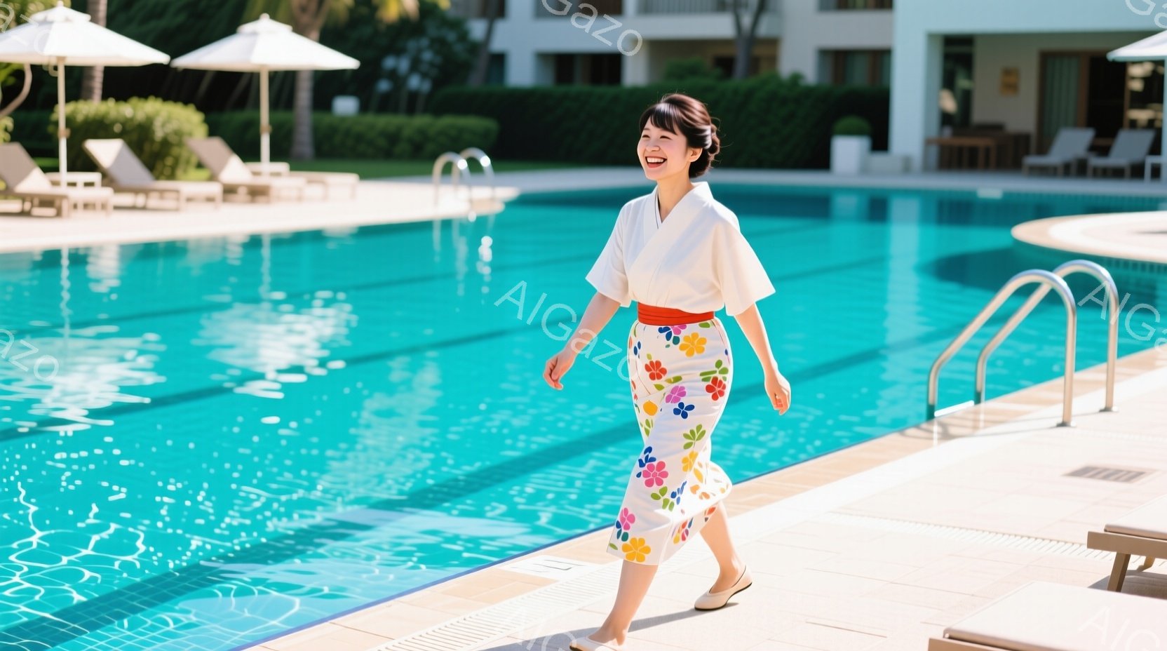 画像には、明るい水色のプールのそばを歩く女性が写っています。彼女は花柄のスカートと白いシャツを着ており、明るい笑顔を浮かべています。背景には、白い建物とヤシの木が見え、晴れた日のリゾート地の穏やかな雰 - AI生成フリー素材