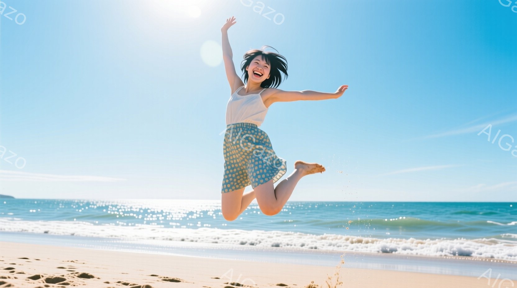 金髪の女性が砂浜で高くジャンプしており、白いタンクトップと青い模様のスカートを身につけています。彼女は満面の笑みを浮かべ、片手を高く上げ、喜びを表現しています。背景には青い海と空が広がり、晴れた日のビ - AI生成フリー素材