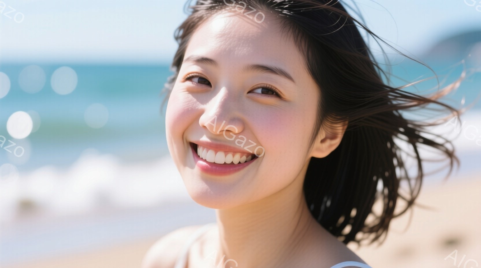 彼女は明るい笑顔でカメラを見つめており、風になびく黒髪が印象的です。ベージュ系のトップスを着ており、背景には穏やかな海と砂浜が広がっています。全体的に、晴れた日のビーチでリラックスした雰囲気を醸し出し - AI生成フリー素材