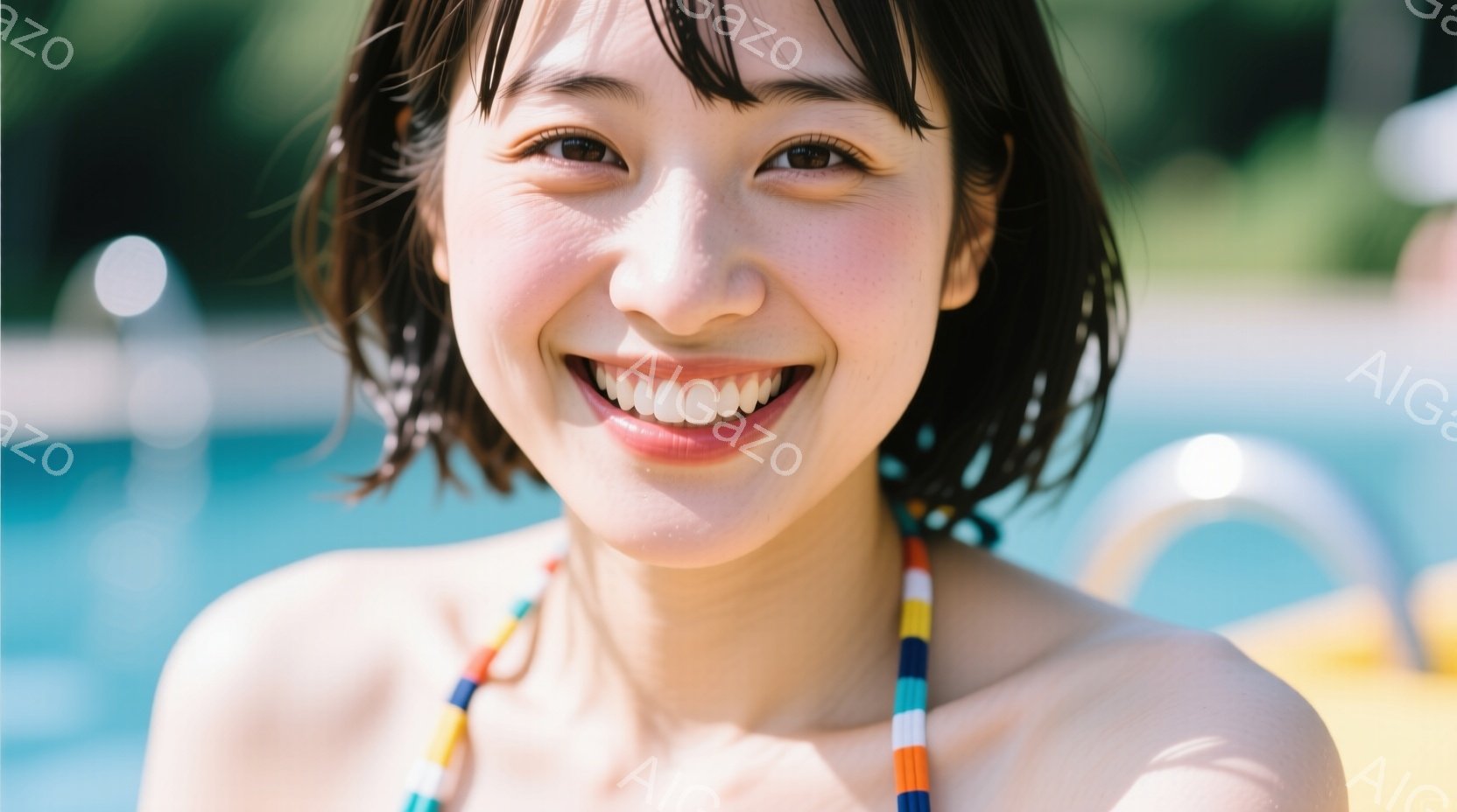 若い女性が笑顔でカメラを見つめている。彼女は肩出しのトップスにカラフルなビーズのネックレスをつけ、濡れた短い髪は顔の周りに少し散らばっている。背景には青いプールとぼやけた緑の植物が見え、明るく暖かい夏 - AI生成フリー素材