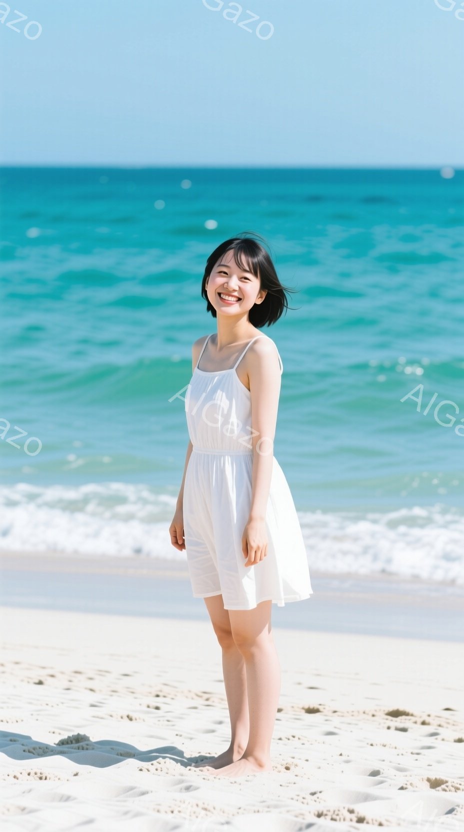 白いワンピースを着た若い女性が砂浜に立っている。彼女は微笑んでおり、黒髪は肩のあたりでカットされている。背景にはターコイズブルーの海が広がり、晴天の下、明るく爽やかな雰囲気が漂っている。 - AI生成フリー素材