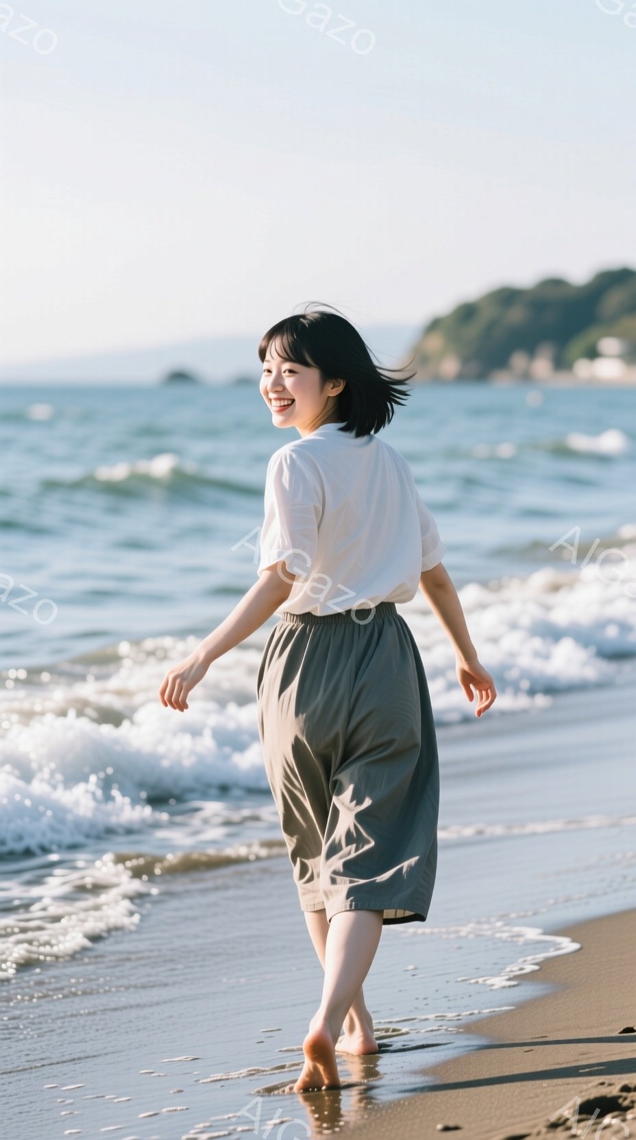 砂浜を裸足で歩く女性が写っています。白いブラウスとゆるやかなカーキ色のパンツを着用し、短めのボブヘアで、顔には明るい笑顔が見られます。背景には穏やかな海と緑豊かな丘が見え、晴天でリラックスした雰囲気が - AI生成フリー素材