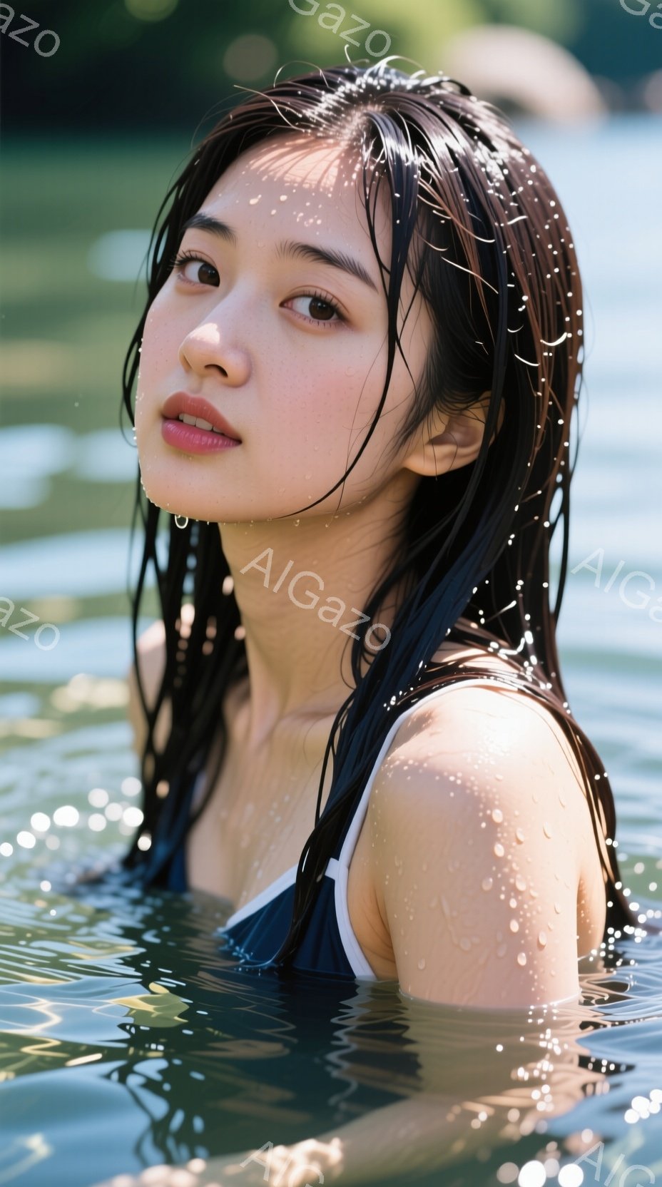 長い黒髪が濡れて肩にまとわりつき、水しぶきが肌に光る女性が写っている。彼女は紺色の縁取りのある白い水着を着ており、水面から上半身を出して穏やかな表情でこちらを見ている。背景にはぼやけた緑の木々と水面が広がり、夏の日の水遊びの光景を捉えている。