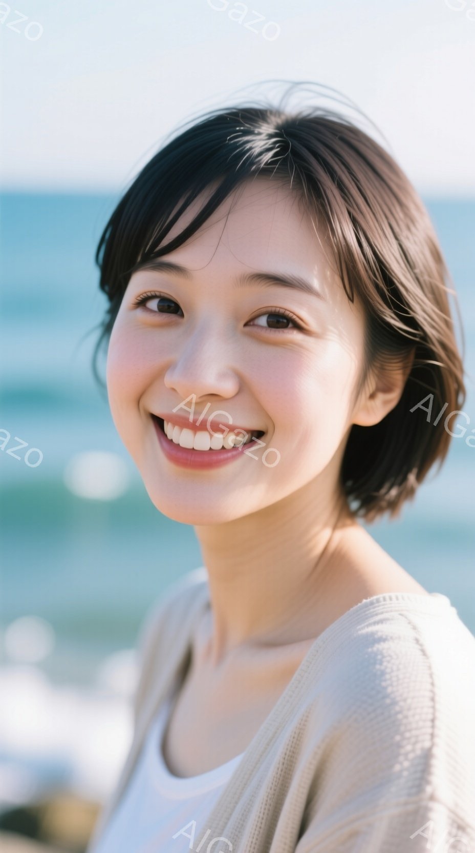 画像は、明るい笑顔を浮かべた若い女性のポートレートです。彼女はベージュ色のセーターを着ており、短めのダークブラウンのヘアスタイルです。背景には青い海と空が広がり、晴れた日の穏やかな雰囲気が感じられます - AI生成フリー素材