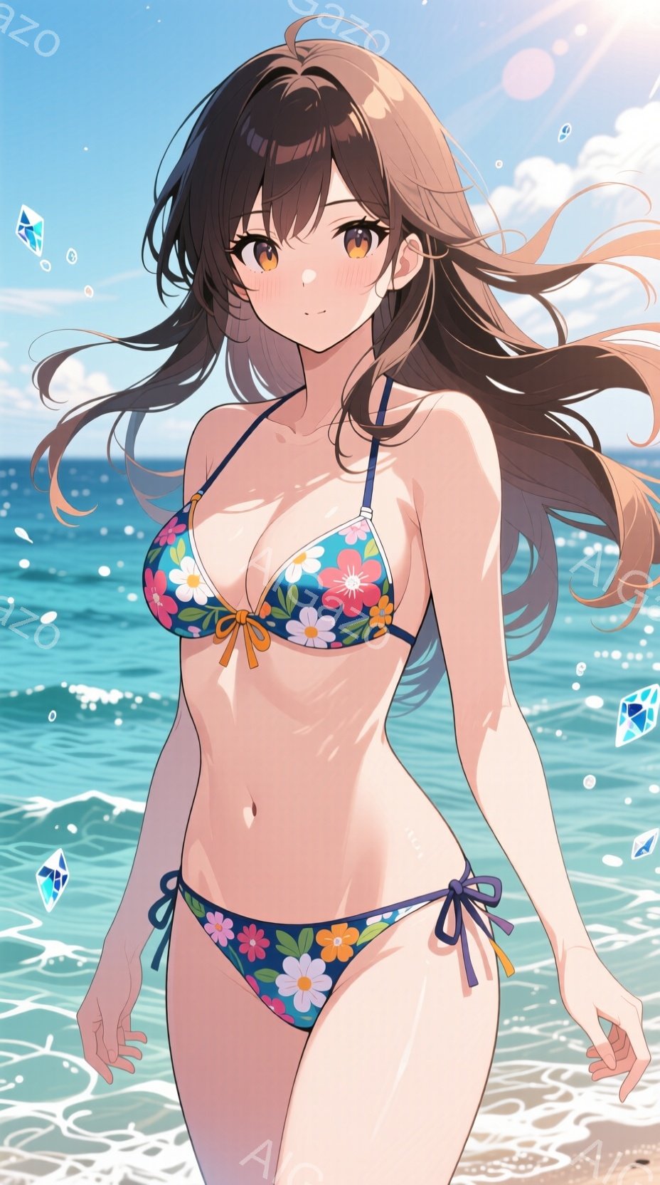 長い茶色の髪が風になびき、花柄のビキニを着た女性が描かれています。彼女は砂浜でわずかに上目遣いで微笑み、リラックスした雰囲気です。背景には青い海と太陽光が広がり、夏らしい爽やかな一日を描写しています。 - AI生成フリー素材