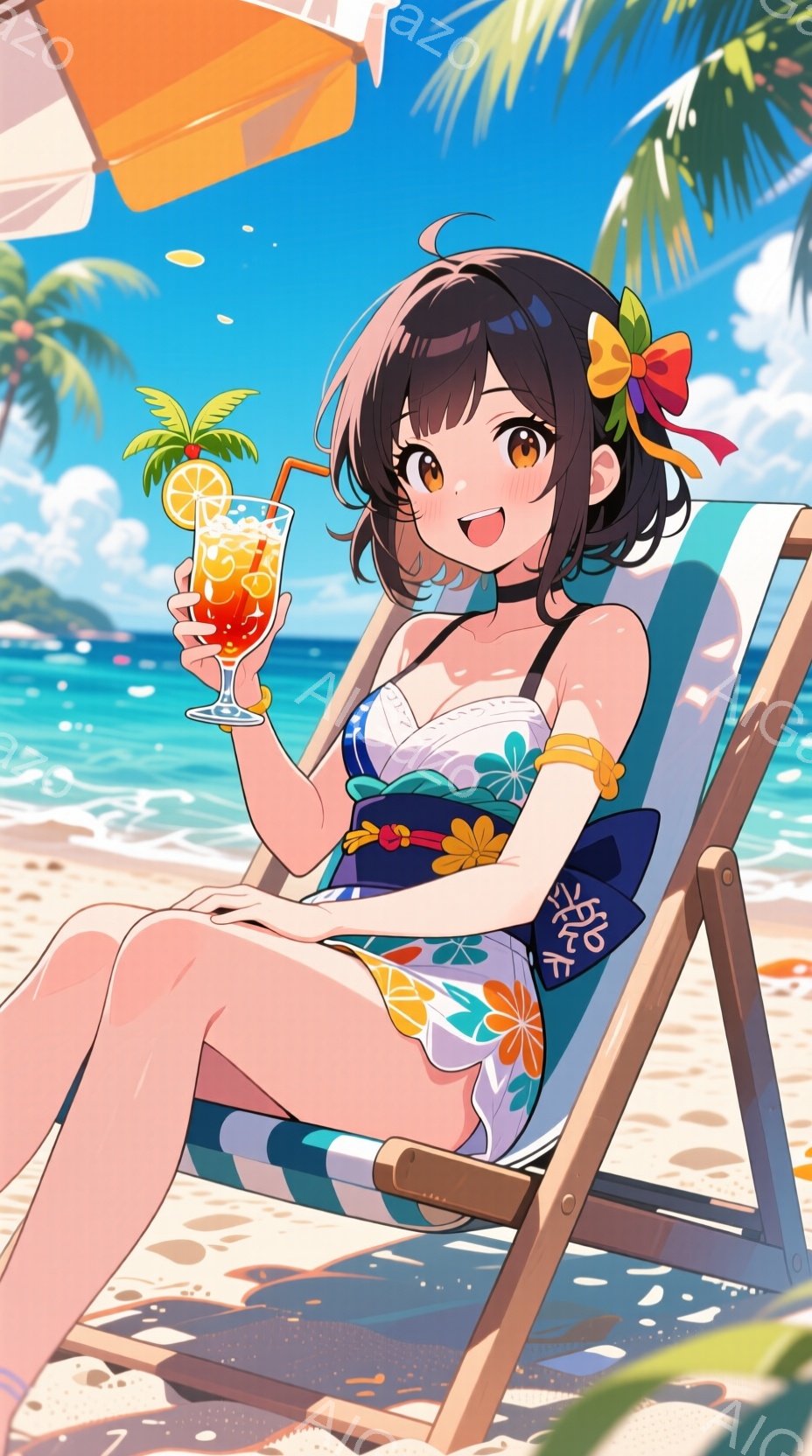 砂浜に置かれたビーチチェアに座る若い女性が描かれています。彼女は鮮やかな花柄のワンピース水着を身につけ、濡れた髪にはオレンジ色の大きなリボンをつけています。背景には青い海とヤシの木が生い茂り、彼女は太陽の下でトロピカルなカクテルを片手に微笑んでいます。