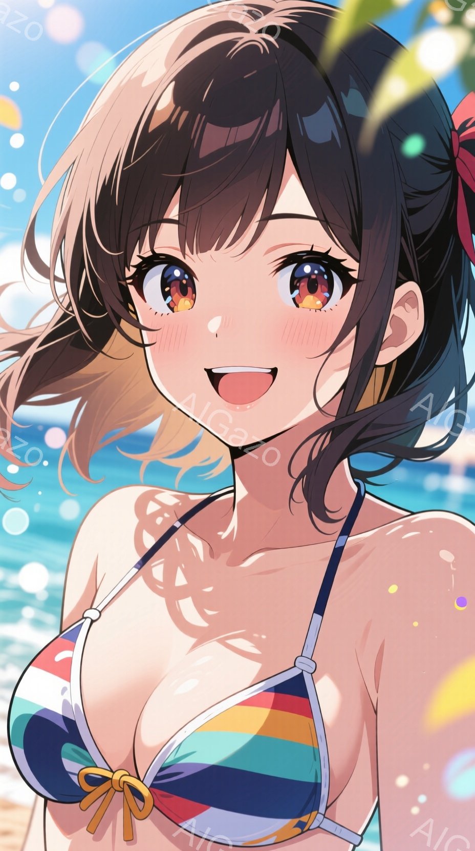 茶色の髪の女性が、ストライプのビキニを着て、明るい笑顔を見せています。彼女は少し上目遣いで、頬は赤く染まっており、元気で活発な印象を与えます。背景には青い海と白い砂浜が見え、暖かい日差しの中でリラックスした夏の雰囲気が漂っています。