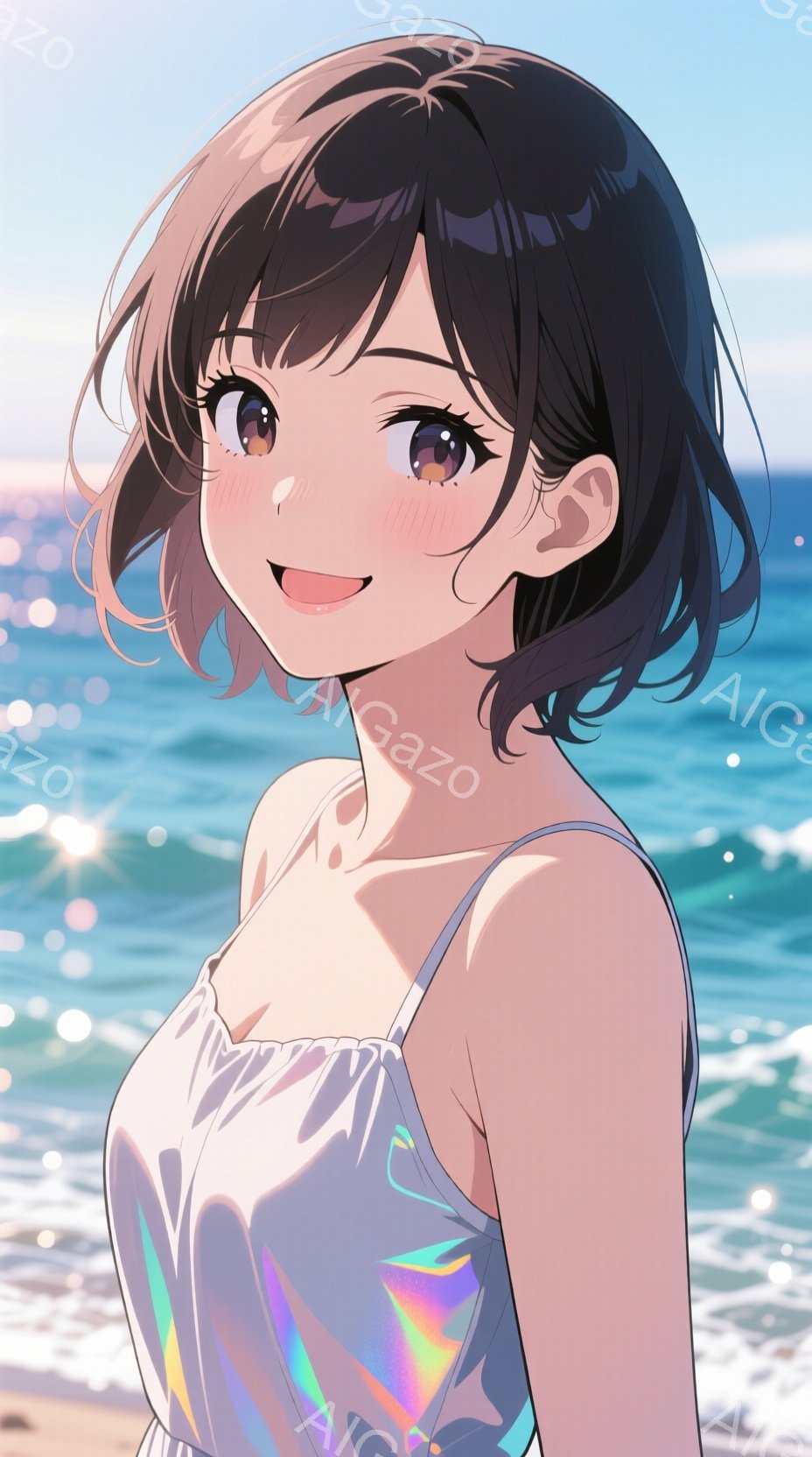 明るい茶色の短い髪と紫色の瞳を持つ若い女性が描かれています。彼女は光沢のある白いワンピースを着ており、わずかに微笑んでいます。背景には青い海と白い波が広がり、暖かい日差しが彼女を照らしています。