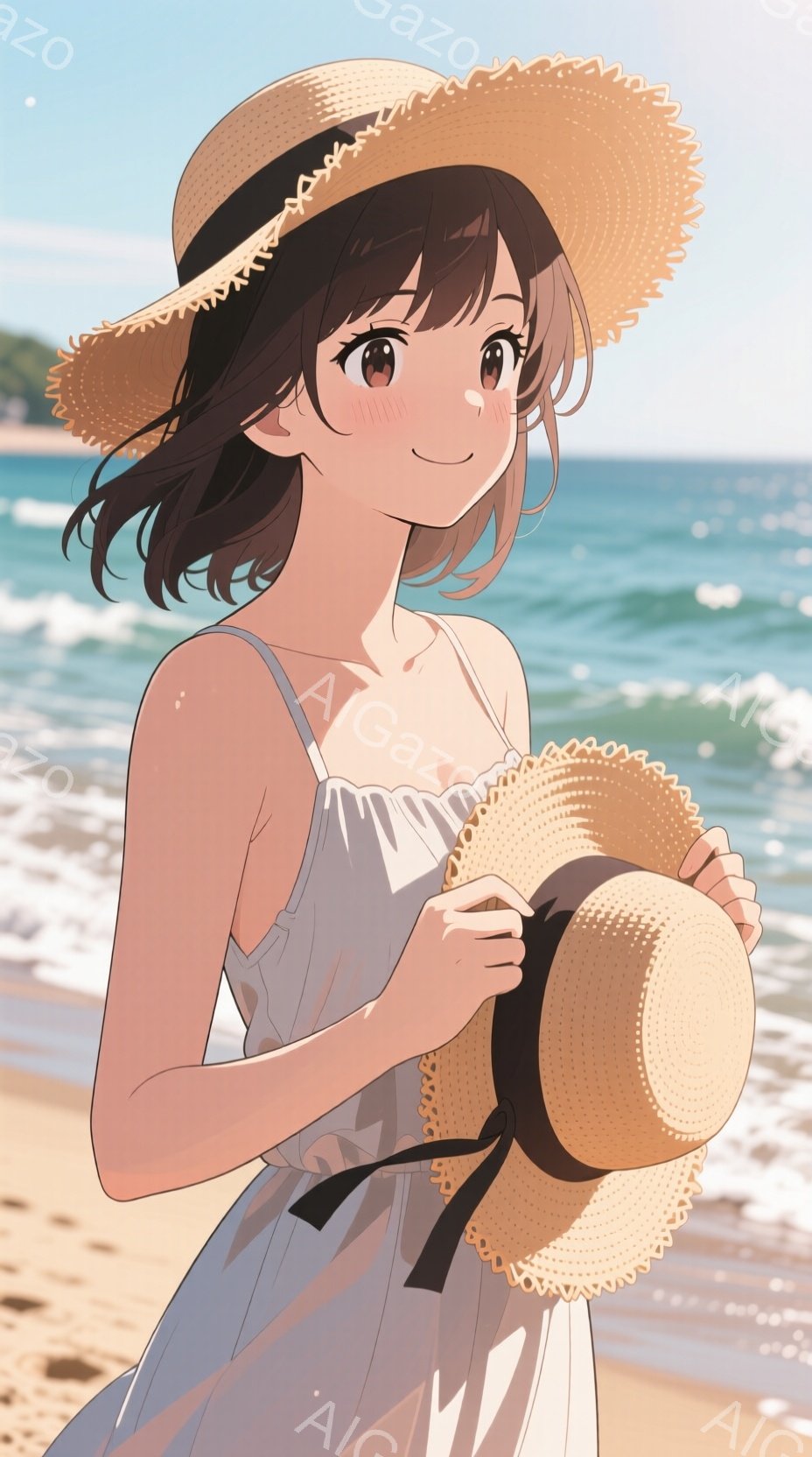 少女は白いワンピースを着て、麦わら帽子を手に持っています。彼女は少し微笑んでおり、穏やかで優しい表情をしています。背景には青い海と砂浜が広がり、晴れた日の穏やかな夏の雰囲気が漂っています。