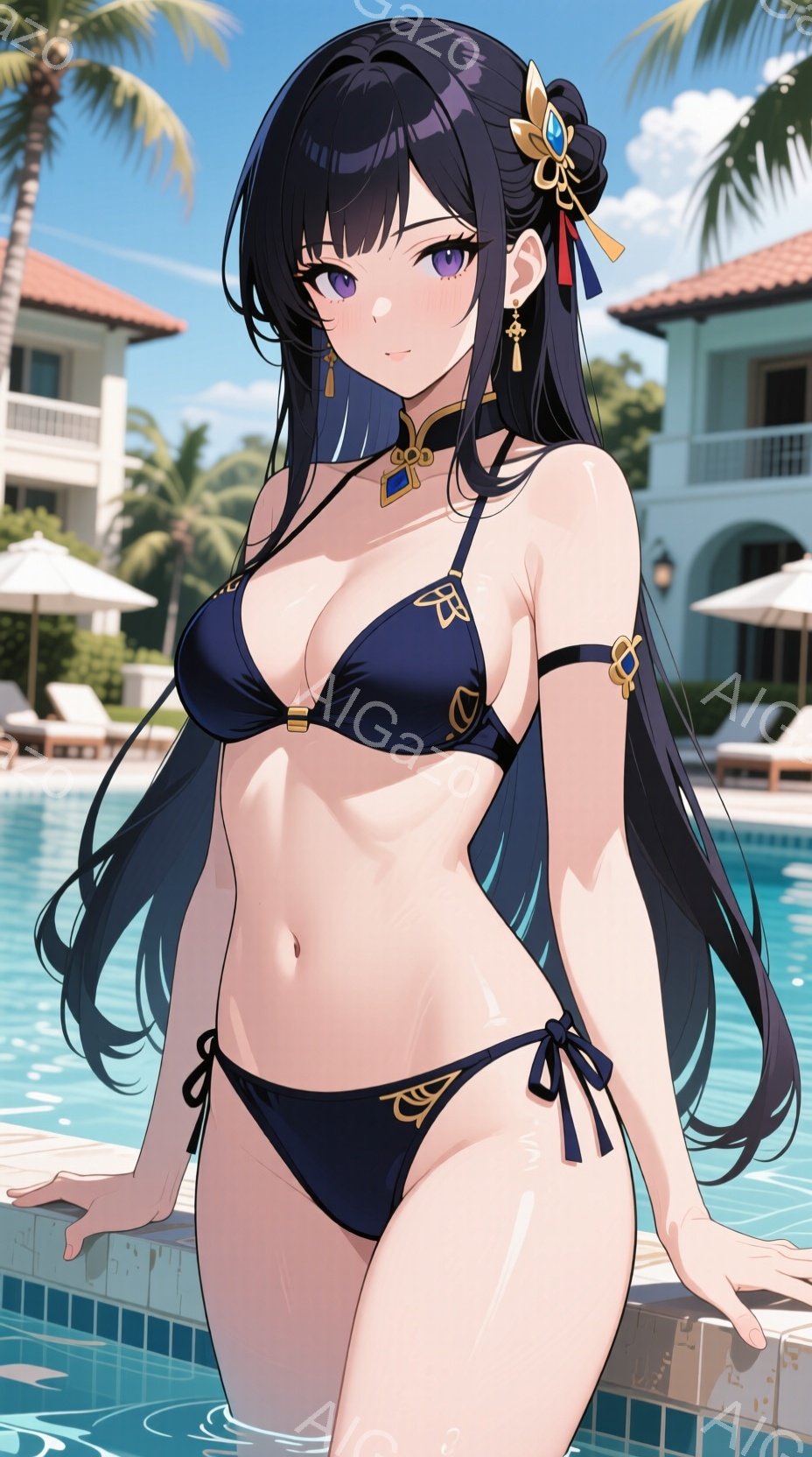 長い黒髪をなびかせた女性が、濃い青色のビキニを着てプールサイドに立っている。彼女は微笑みを浮かべ、片手をプールに浸けている。背景には白亜の建物、ヤシの木、晴れた空が見え、リゾート地の穏やかな雰囲気を醸 - AI生成フリー素材