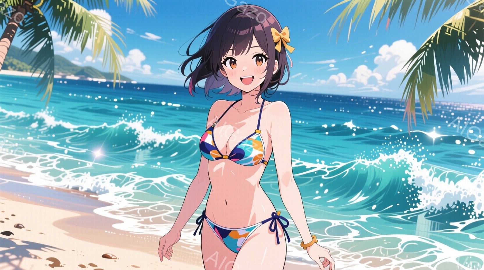長い黒髪の女性が、青とオレンジのビキニを着て砂浜に立っている。彼女は笑顔で、少し体を傾け、リラックスしたポーズをとっている。背景には、青い海、白い波、そしてヤシの木が見え、晴れた空の下、夏らしい爽やか - AI生成フリー素材
