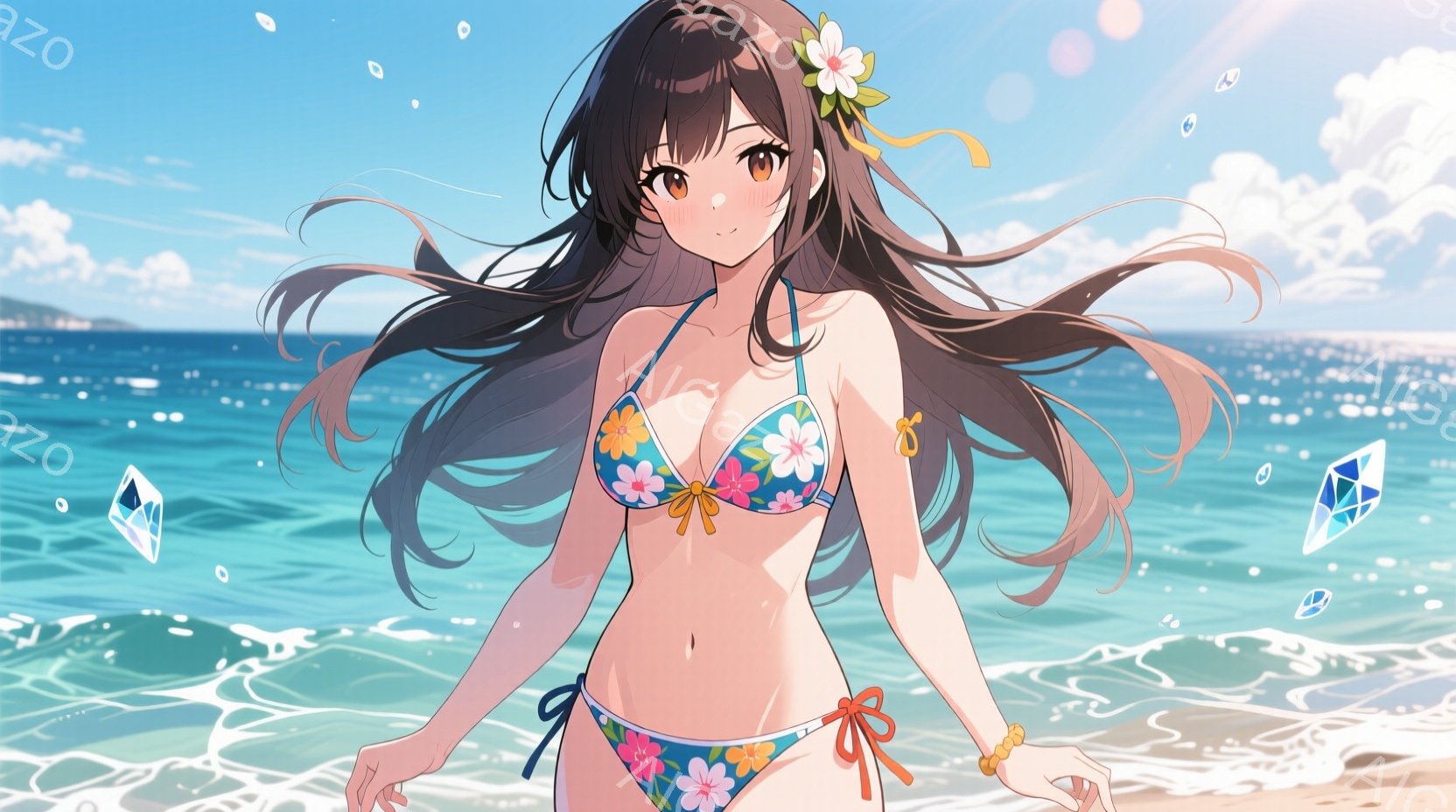 長い黒髪を風になびかせ、水色の花柄ビキニを着た女性が描かれています。彼女はビーチで前を向き、少し微笑んでおり、リラックスした雰囲気を醸し出しています。背景には青い海と白い波、そして遠くに見える緑の島々 - AI生成フリー素材