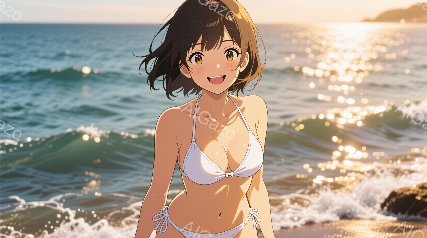 日焼けした肌に白いビキニを着た若い女性が、海辺で微笑んでいます。彼女は肩までの茶色の髪を持ち、少し上目遣いで楽しそうな表情をしています。背景には穏やかな波が打ち寄せ、太陽の光が水面で反射してキラキラと - AI生成フリー素材