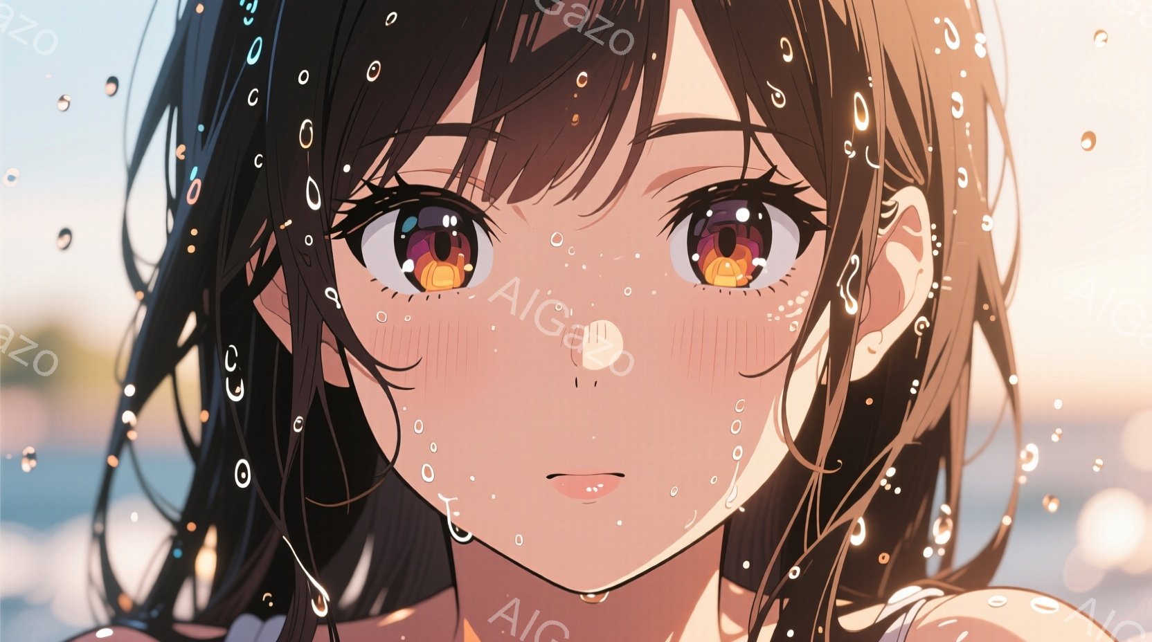 黒髪の少女が描かれており、濡れた髪が頬に張り付いている。彼女は大きく見開いたオレンジ色の瞳で、少し驚いたような表情を浮かべており、背景には水滴とぼやけた海が見える。全体的に、水の中で捉えられた一瞬の、儚く美しい雰囲気が漂っている。
