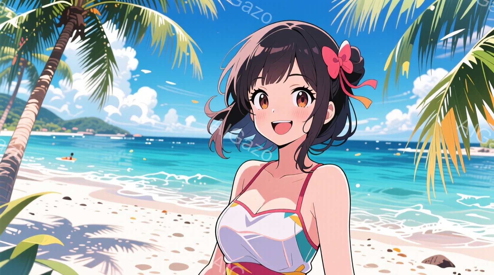 明るい笑顔を浮かべた若い女性が、ビーチを背景に描かれています。彼女は肩出しの白いワンピース水着に、ピンクのリボンで髪を結い、少し日焼けした肌を見せています。背景には青い海と白い砂浜、ヤシの木が生い茂り、天候は晴れで、リゾート地の穏やかで楽しい雰囲気が漂っています。