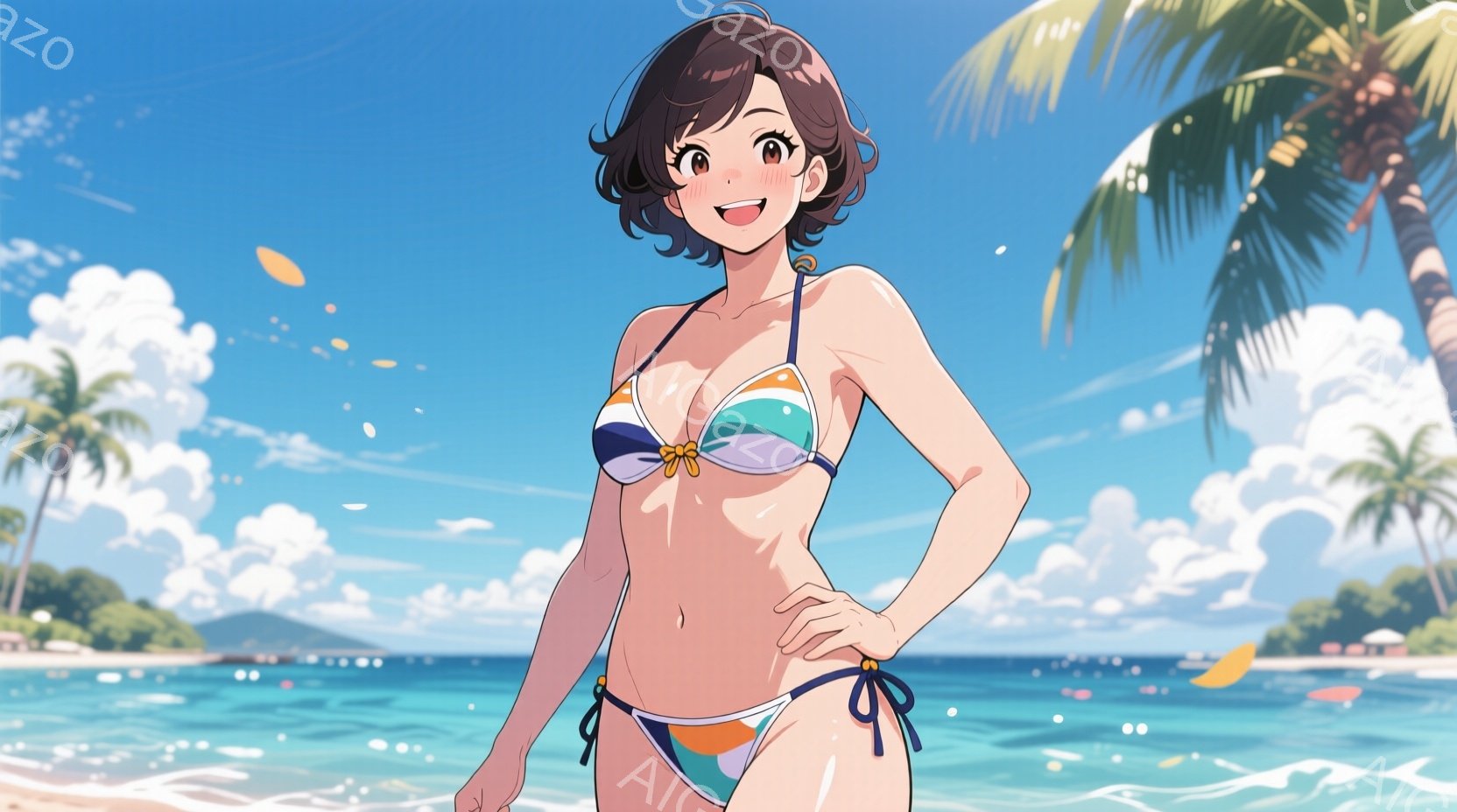 金髪の女性が水着姿で砂浜に立っています。彼女は明るい笑顔を浮かべ、片手を腰に当て、リラックスしたポーズをとっています。背景には青い海、白い砂浜、そしてヤシの木々が描かれており、晴れた日のビーチリゾート - AI生成フリー素材