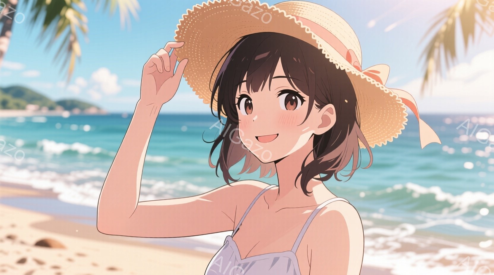 金髪の巻き毛に麦わら帽子をかぶった若い女性が描かれています。白いキャミソールワンピースを着て、片手を頭上に上げ、明るい笑顔を浮かべています。背景には青い海と白い砂浜、そして緑豊かな山々が見え、晴れた日の穏やかなビーチリゾートの雰囲気を醸し出しています。