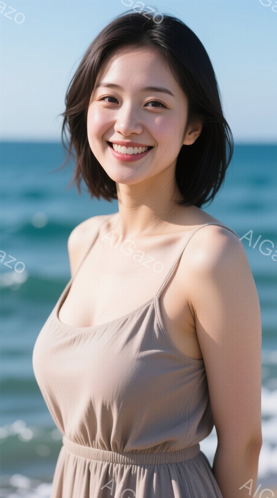 画像は、ベージュ色のキャミソールワンピースを着た若い女性を捉えています。彼女は微笑んでおり、黒髪のショートヘアが肩にかかっています。背景には青い海が広がり、晴れた空が広がっており、全体的に明るく穏やか - AI生成フリー素材