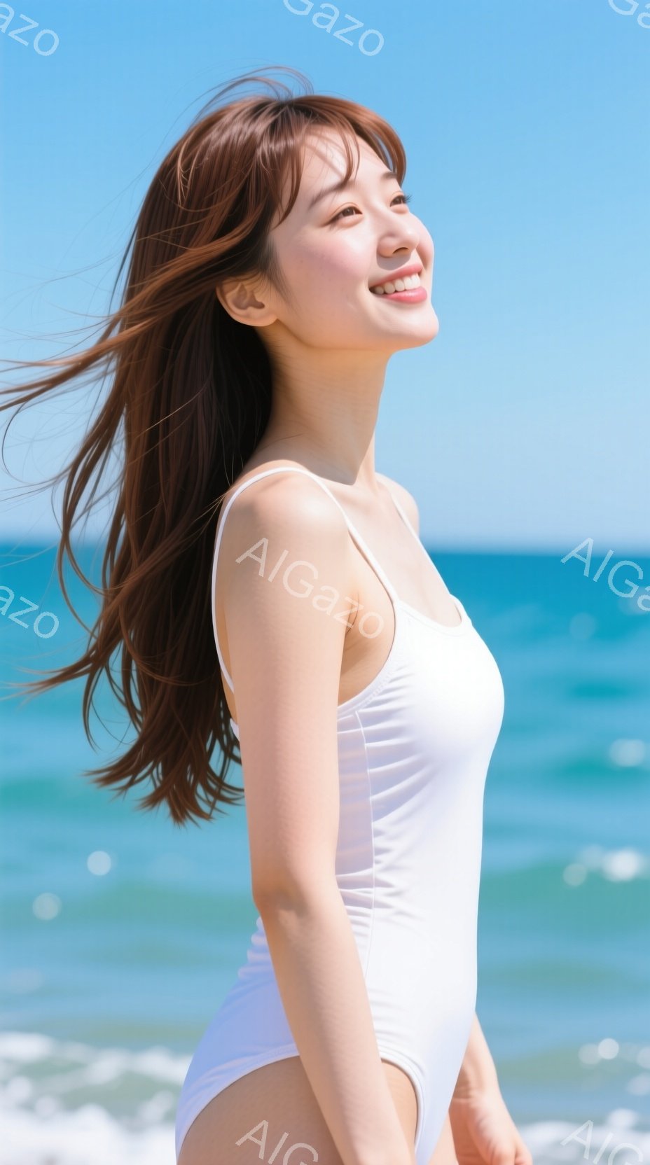 白いワンピースの水着を着た女性が、波打ち際で右を向いて立っている。髪は肩まで伸びており、風になびいている。彼女は目を細め、穏やかな笑顔を浮かべており、晴れた日のビーチでリラックスした雰囲気が漂っている - AI生成フリー素材