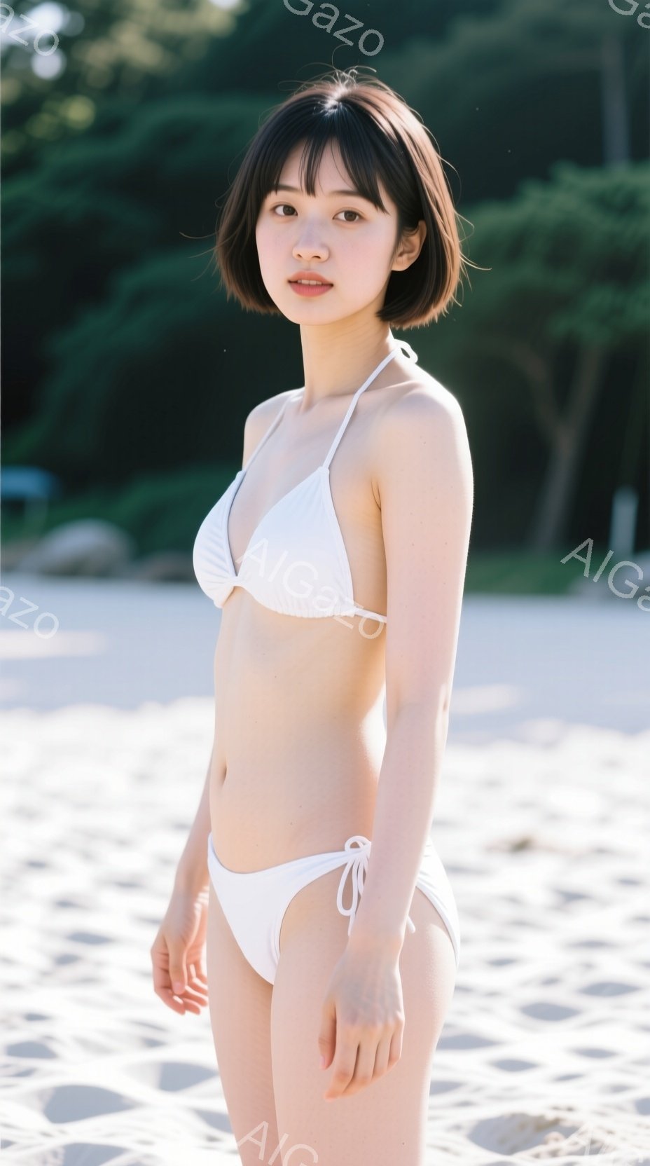 白いビキニを着た若い女性が、砂浜に立っています。彼女は肩までの長さの黒髪で、少し微笑んでいます。背景には緑の植物とぼやけた風景が見え、晴れた日の穏やかな雰囲気が漂っています。 - AI生成フリー素材